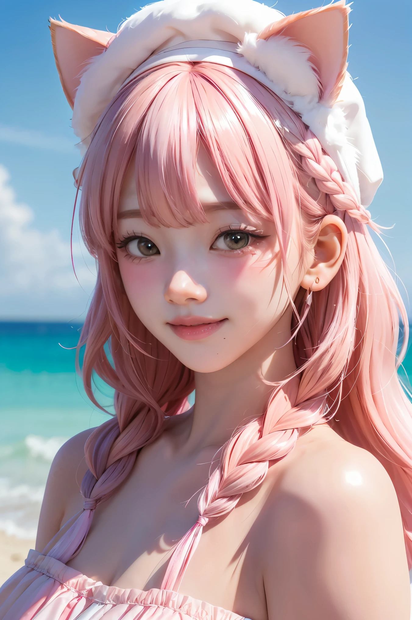 fake animal ears, light smile, ear blush, fang, pink hair, bangs, curly hair, side braid, halo, beret, animal ears, cat ears, Surrealism, drop shadow, anaglyph, stereogram, tachi-e, pov, atmospheric perspective, 8k, super detail, ccurate, best quality
