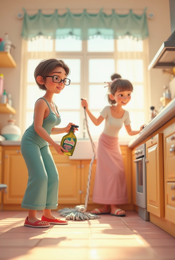 Realistic image of a mother fighting with her young son and a clean house with windows and candy jars