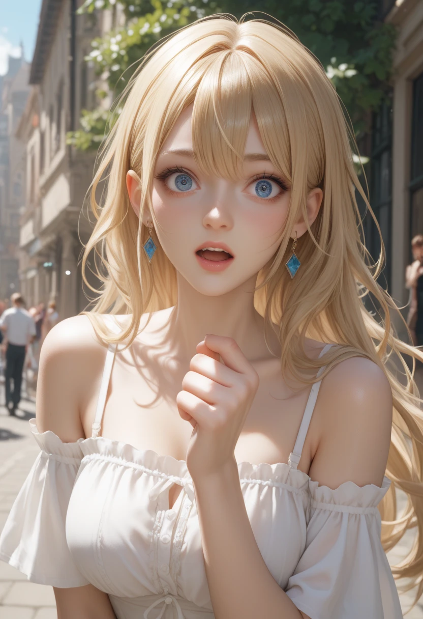 ((masterpiece, highest quality, High resolution, Hmm, RTX, perfect pixel, Depth of the bounds written, 4k, very detailed))), 1 girl, single, alone, beautiful anime girl, beautiful art style, anime character, ((long hair, parted bangs, middle part bangs, blonde hair)), ((blue eyes:1.4, round eyes, beautiful eyelashes, realistic eyes)), ((detailed face, blush:1.2)), ((smooth texture:0.75, realistic texture:0.65, realistic:1.1, Anime CG style, Bright colors)), ((medium breasts, cleavage:0.9, Big breasts)), dynamic angle, perfect body, ((throw, dynamic pose, close)), ((white sweater, long sleeve, black skirt, Women's Belts, Snazzy, single handbag, 1 Diamond Necklace)), open your mouth, embarrassing, amusement park