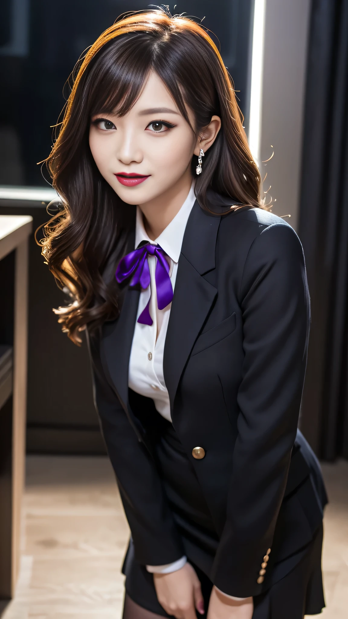 ((8K、Raw photography、top-quality、masterpiece)、high definition RAW color photos professional close-up photos、(realisitic、photorealisim:1.37)、(top-quality)、(Best Shadows)、(The best illustrations)、鎖骨((Colossal tits))、((erotick、A sexy、超A high resolution、high-definition CG unified 8K wallpapers、physically-based renderingt、Cinematographic lighting)、(aegyo sal:1)、a 18 year old girl、 (Gray blazer、bow ribbon、sockes、high-school uniform:1.2)、High School Classroom, beautiful finely detailed eyes, Light on the Face, ((FULL BODYSHOT:1.2)), especially strong light, (Kamimei、Grinning smile:1.2),glowy skin、((A dark-haired、bobhair:1.2))、( thick thight), ulzzang -6500-v1.1:0.2, full of shyness, (The Flash:1.2), NSFW, (puffies, ((enchanting posture:1.2, enticing:1.2)), (Idol)、face perfect、kawaii faces、(high-angle shot:1.2)、Schools、