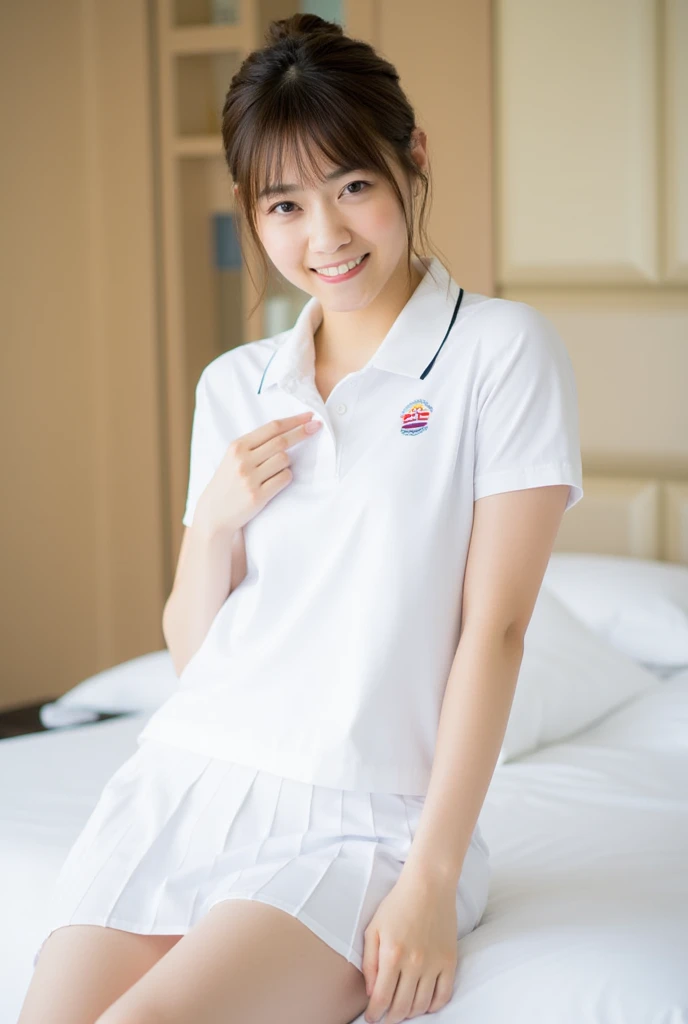 (Masterpiece, Best quality:1.4), (Ultra realistic, Photo-realistic:1.2), Natural light, 28 years old actress, Japanese women, Neat and clean, (Tennis uniform, White short-sleeve polo shirt, Navyblue pleated skirt:1.2), (unbutton:1.3), (Ponytail:1.2), Short wavy hair, Light brown hair color, (Beautiful Face), Oval face, clear, (Beautiful eyes, Kind eyes), (Wet skin:1.4), Clear skin, Small face, (Small mouth), (Beautiful mouth), Natural makeup, Approachable, Luxury hotel Suite room, On bed, Seductive smile, (Seductive pose:1.2), Beautiful thighs, (Bedroom eyes), (nsfw:1.1), (ecstasy:1.2), (orgasm:1.1), (lesbian couple), (petting together:1.2), obscene reality of girls, (erotic pose:1.2), aragakiyui,
