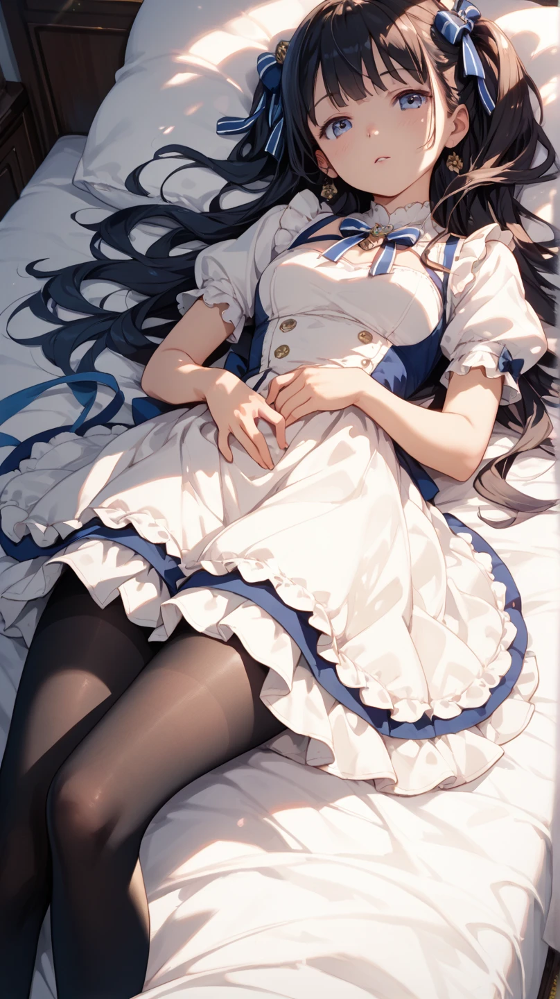 ((2D beautiful girl、top-quality：1.3、Perfect fingers:1.2、perfect anatomia:1.2、Dress perfectly、face perfect：1.1、Beautiful illustration))、(transform sequence)、((cute decorative headbands、white and blue maid style leotard)、12year old、Solio、hime、Fractal Art、baby-face、((stright long hair))、(Slender and beautiful legs)、big drooping eyes、（full body photographed：1.1、Long Shot Photography）、((1 persons))、Japanese-style coffee shop、Happy smiling face、highleg
