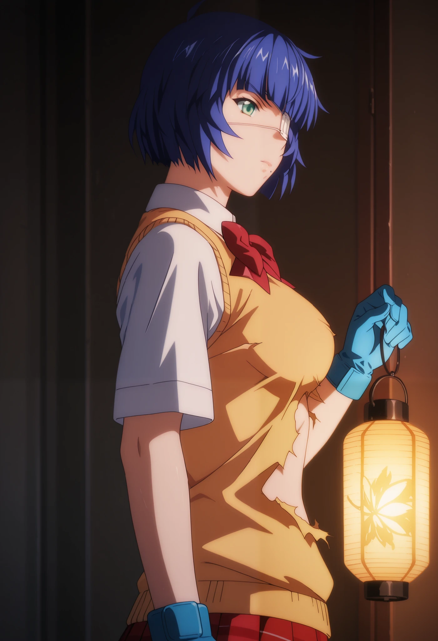 masterpiece, best quality, great quality, High Resolution, absard dress, very aesthetic, High Resolution, Ultra High Precision, perfect detail, 1 girl, alone, indoors,changing room、medium chest, ,, short hair, stupid hair , big bangs, green eyes, eye patch , Mole Under Mouth, school uniform, Short sleeve, white shirt, color shirt, Red Ribbons, yellow sweater vest , Blue Gloves, red skirt, plaid skirt , pleated skirt, Lantern、 blue knee high, Striped socks, black footwear, bbo ~, ( Older :2), (upper body:1.1), (torn clothes :1.1), and staring at the viewer, Anime Coloring、( Lantern:1.5)