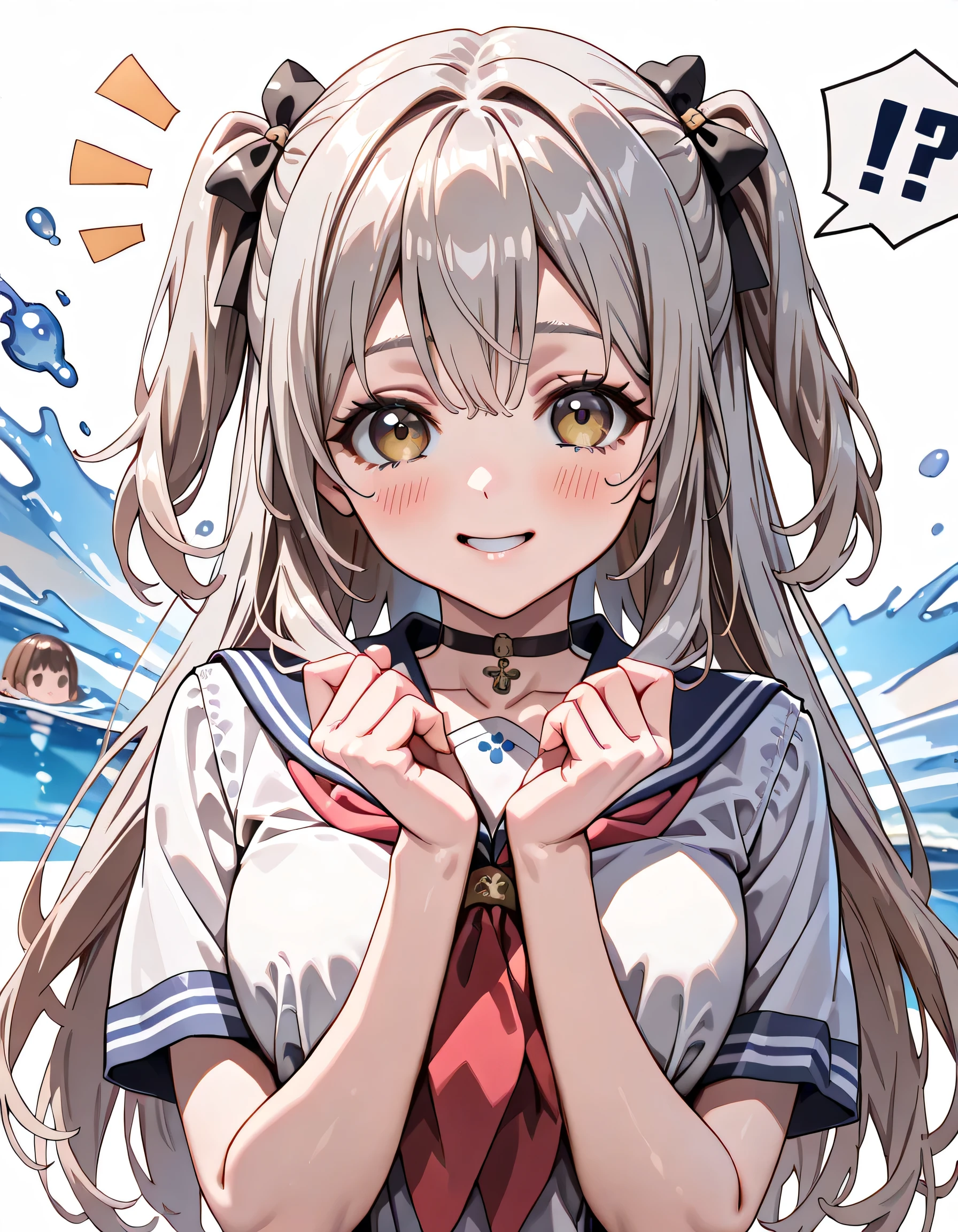 ((ultra-detailed)), (highly detailed CG illustration), (best quality:1.2), ultra-highly detailed, colorful composition, artistic photoshoot, 1girl, solo focus, ((upper body:1.4)), moe anime character, age girl, dainty facial structure, (baby face), (round face), ((rounded chin:1.2)), celia-default, celia claire, (blue eyes), ((silver hair color)), ((two side up hair)), ample breasts, school uniform, sailor suit, traditional Japanese style with navy blue and white colors, :q, licking lips, one eye closed, ((blush:1.4)), ((looking viewer)), ((spoken !?:1.4)), ((blue splash background)), from front, best quality, masterpiece, expecting, pink cheek, blush, light pink gloss slip, portrait, depth of field, soft lighting, sidelighting, (shine), lighting, caustics, ray tracing, smile, perfect face, lustrous skin, highly detailed face, highly detailed eyes, perfect face, perfect nose, perfect hair, perfect eyes, perfect anatomy, beautiful hair, beautiful small face, extremely detailed face, beautiful detailed eyes, beautiful clavicle, beautiful body, beautiful ample breasts, leavage, breasts squeezed together, equalize the size of the left and right breasts, beautiful thin thighs, beautiful legs, beautiful fingers, 4 fingers, 1 thumb, lovely, (very detailed background:1.0), (highly detailed background:1.0), spring aesthetic, intricate details, joyful atmosphere, spring colors palette, chromatic aberration