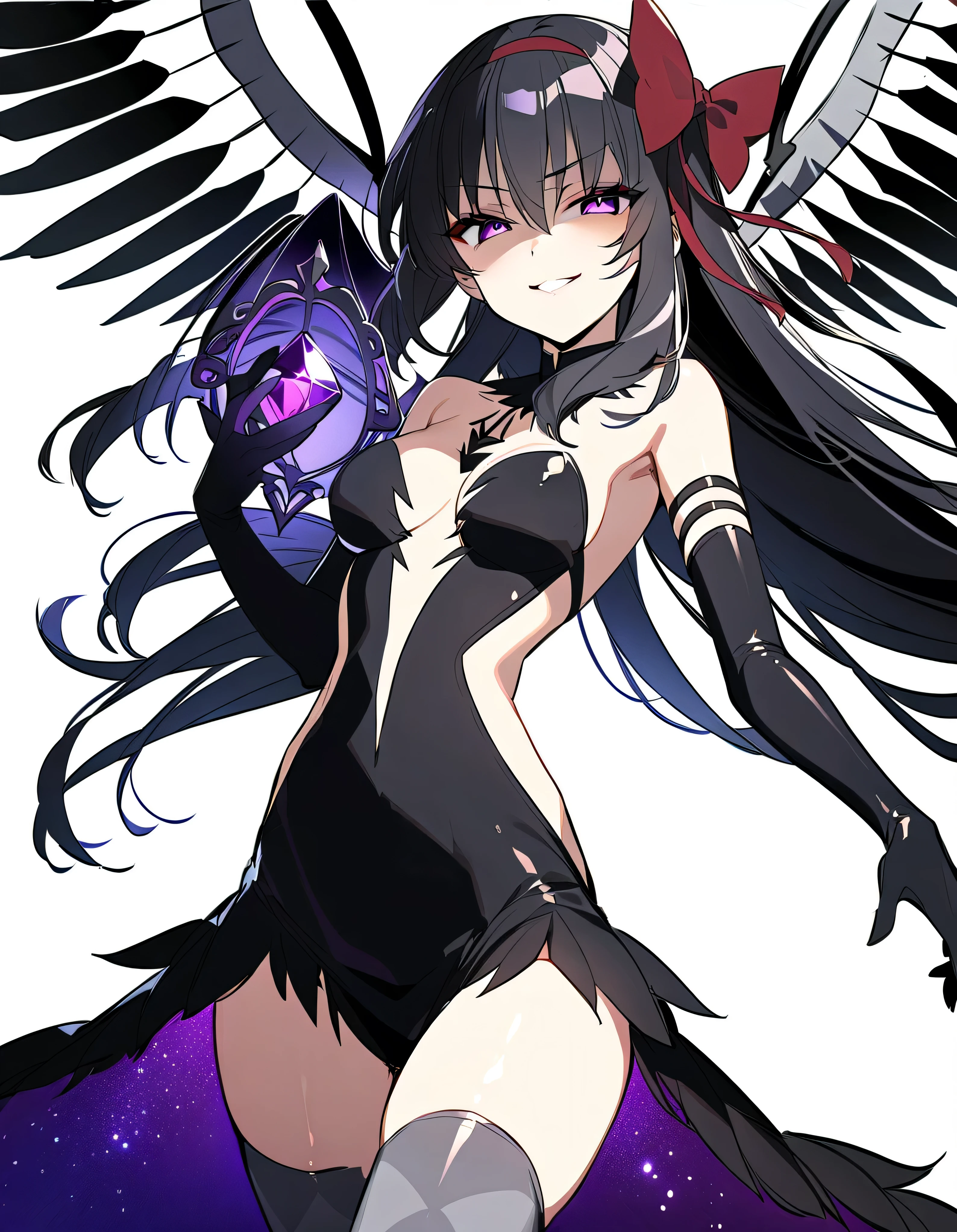 1girl, akuma homura, solo, long hair, wings, gloves, elbow gloves, black hair, smile, purple eyes, thighhighs, black gloves, argyle legwear, argyle, bare shoulders, looking at viewer, dress, soul gem, hair bow, bow, choker, feathered wings, white background, zettai ryouiki, simple background, black wings, masterpiece, best quality, late, evil smile,shaded face(eyes in shadow),shiny latex