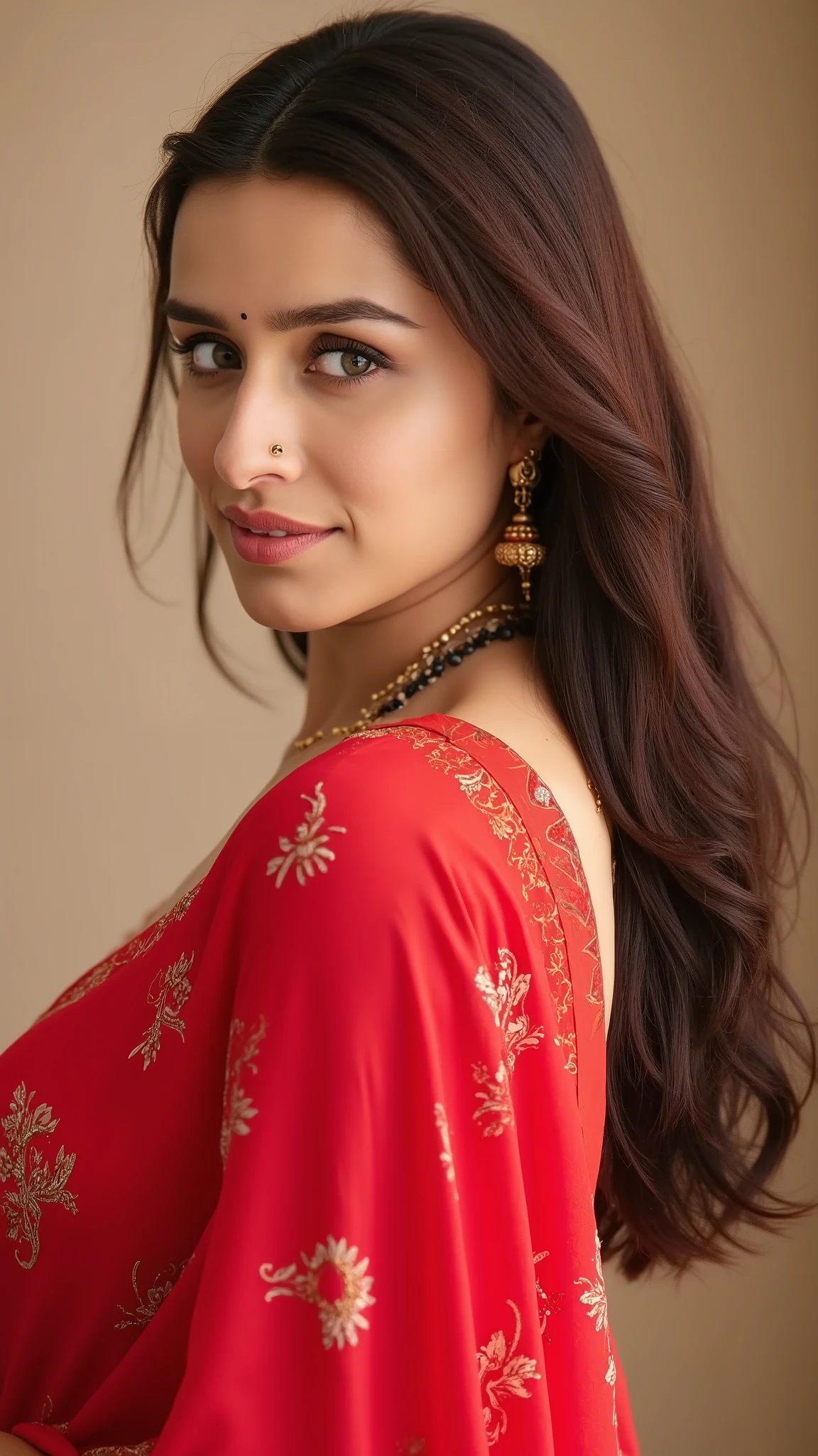 Realistic photo of Indian busty female aged 26 with average sized body and brownish skin tone.Realistic Showing huge breast in bedroom and showing her navel. No ornaments. Full size photo. Wearing see through red saree and blouse green .Realistic photo.