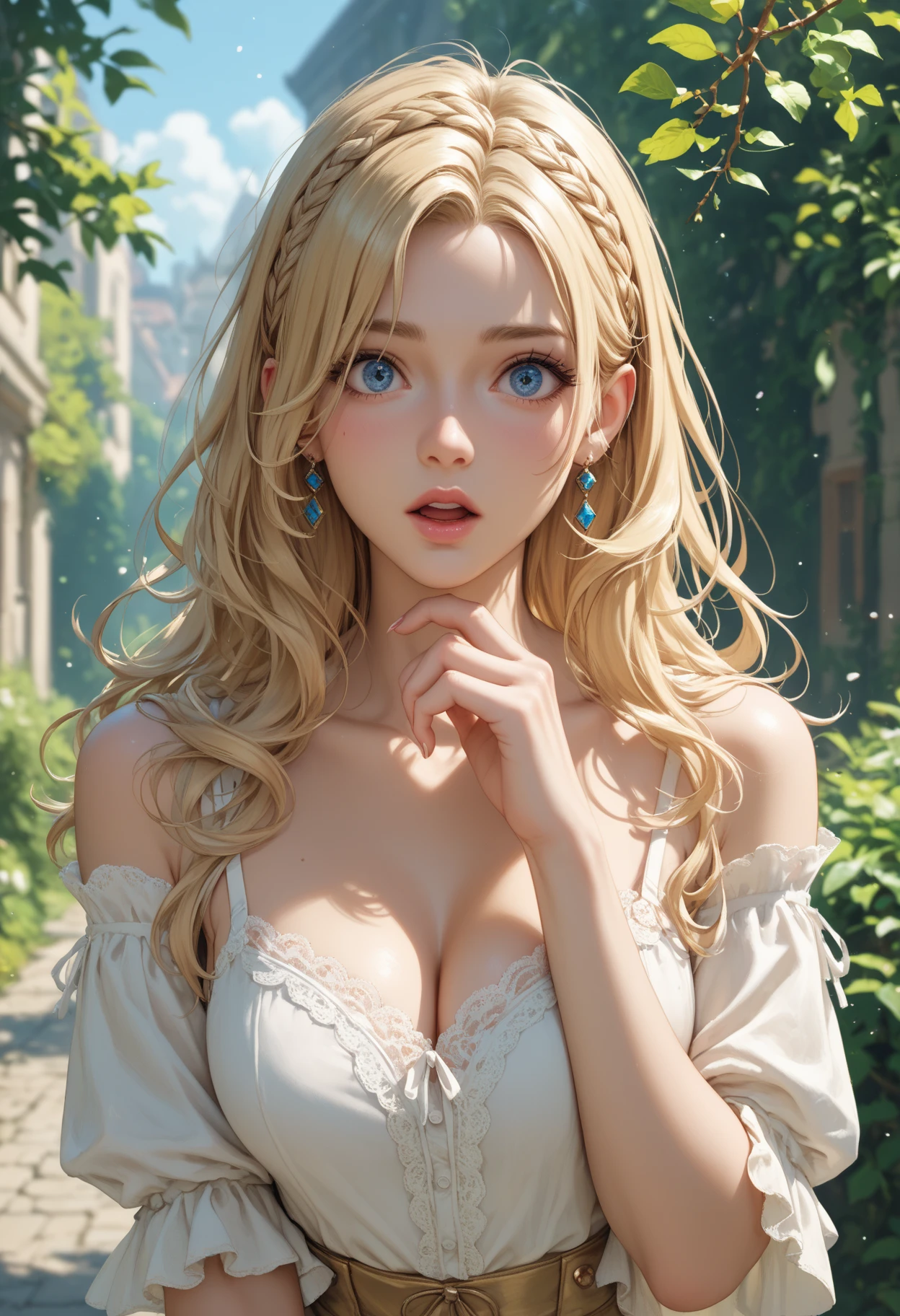 Beautiful woman, blonde hair, blue eyes, natural perfect breast, cleavage, highly detailed, Old London,hazy background,, vintage, dark fantasy,