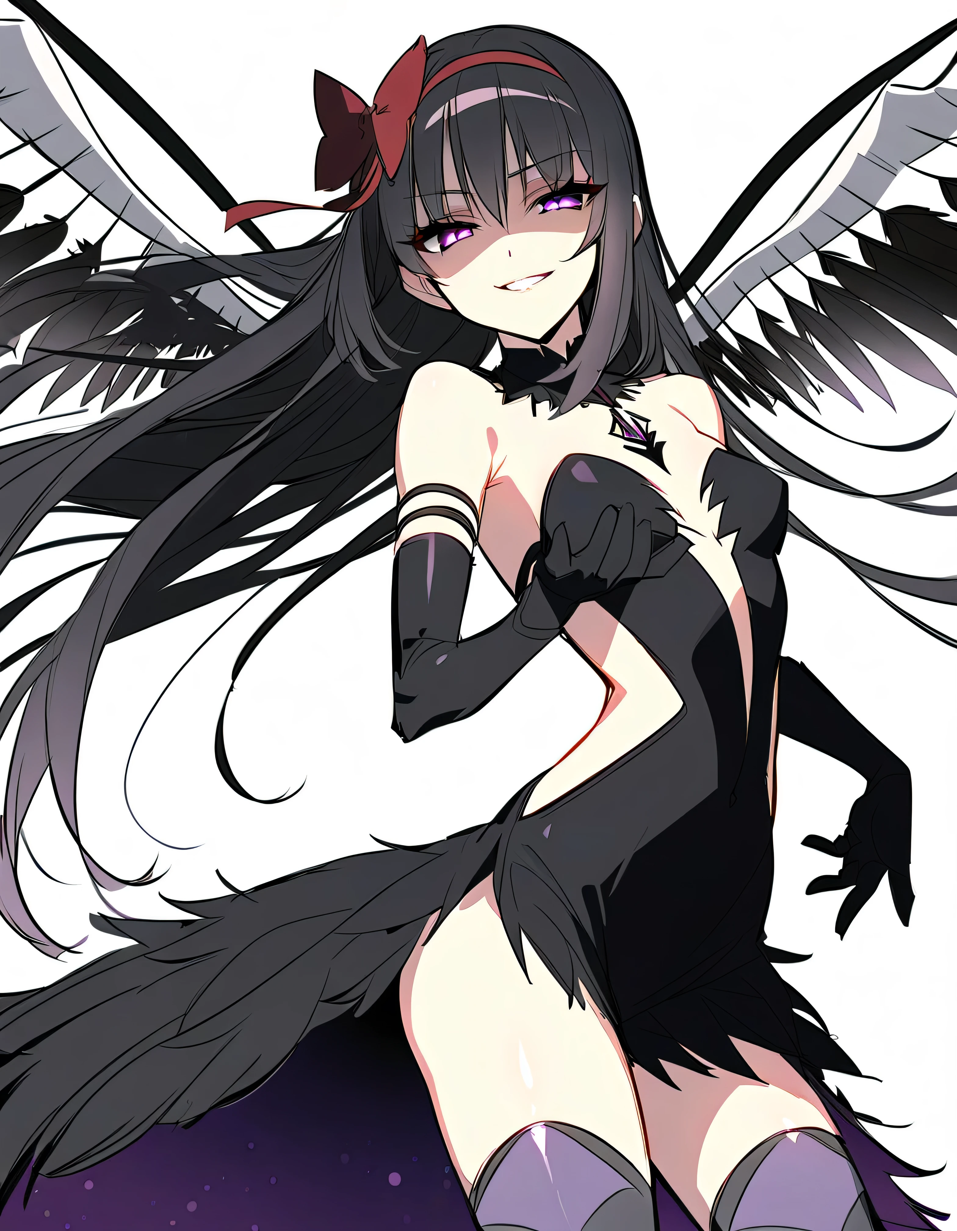 1girl, akuma homura, solo, long hair, wings, gloves, elbow gloves, black hair, smile, purple eyes, thighhighs, black gloves, argyle legwear, argyle, bare shoulders, looking at viewer, dress, soul gem, hair bow, bow, choker, feathered wings, white background, zettai ryouiki, simple background, black wings, masterpiece, best quality, late, evil smile,shaded face(eyes in shadow),shiny latex