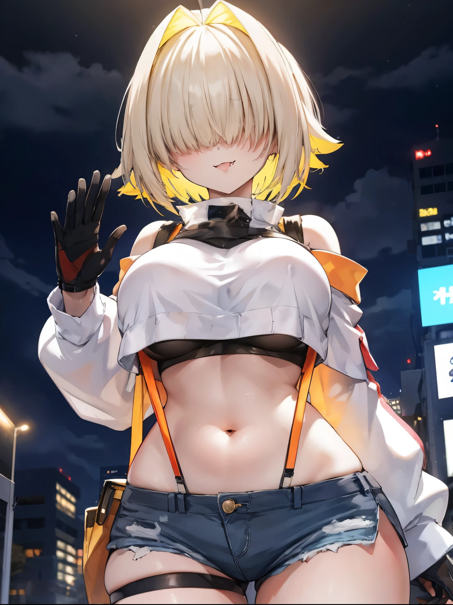 score_9, score_8_up, score_7_up, source_anime BREAK 1girl, solo, elegg, short hair, bangs, hair intakes, multicolored hair, hair over eyes, crop top, bare shoulders, long sleeves, suspenders, midriff, navel, short shorts, thigh strap, multicolored_gloves, large breasts, looking at viewer, thick thighs, (plump:0.5),(plump_lower:0.7), standing, smug, waving,
,future_city_background,night,under_breasts,lighting, (sharp_glance:0.2),nihil_smile,fang, pockets_protruding_from_shorts