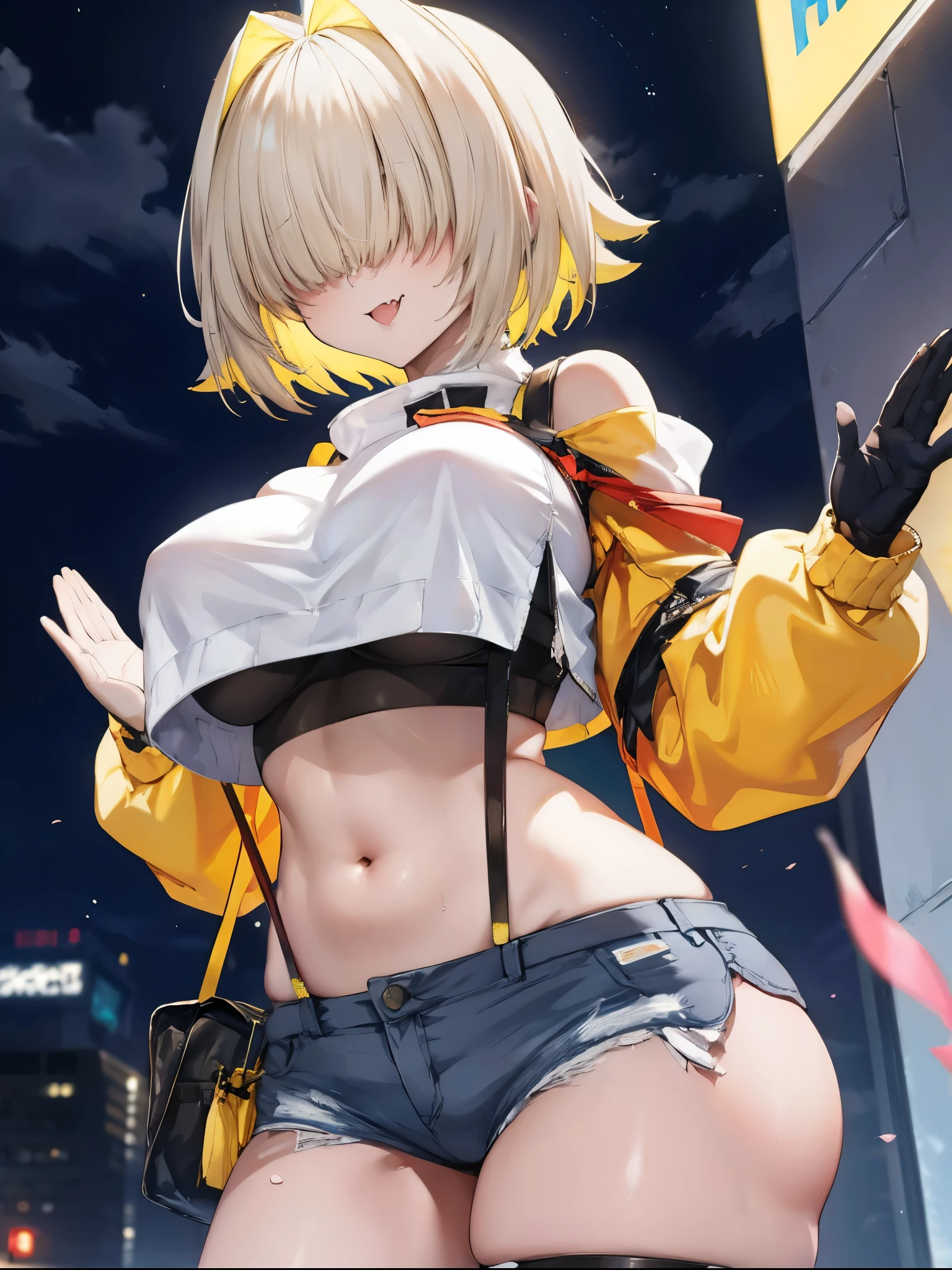score_9, score_8_up, score_7_up, source_anime BREAK 1girl, solo, elegg, short hair, bangs, hair intakes, multicolored hair, hair over eyes, crop top, bare shoulders, long sleeves, suspenders, midriff, navel, short shorts, thigh strap, multicolored_gloves, large breasts, looking at viewer, thick thighs, (plump:0.5),(plump_lower:0.7), standing, smug, waving,
,future_city_background,night,under_breasts,lighting, (sharp_glance:0.2),nihil_smile,fang, pockets_protruding_from_shorts
