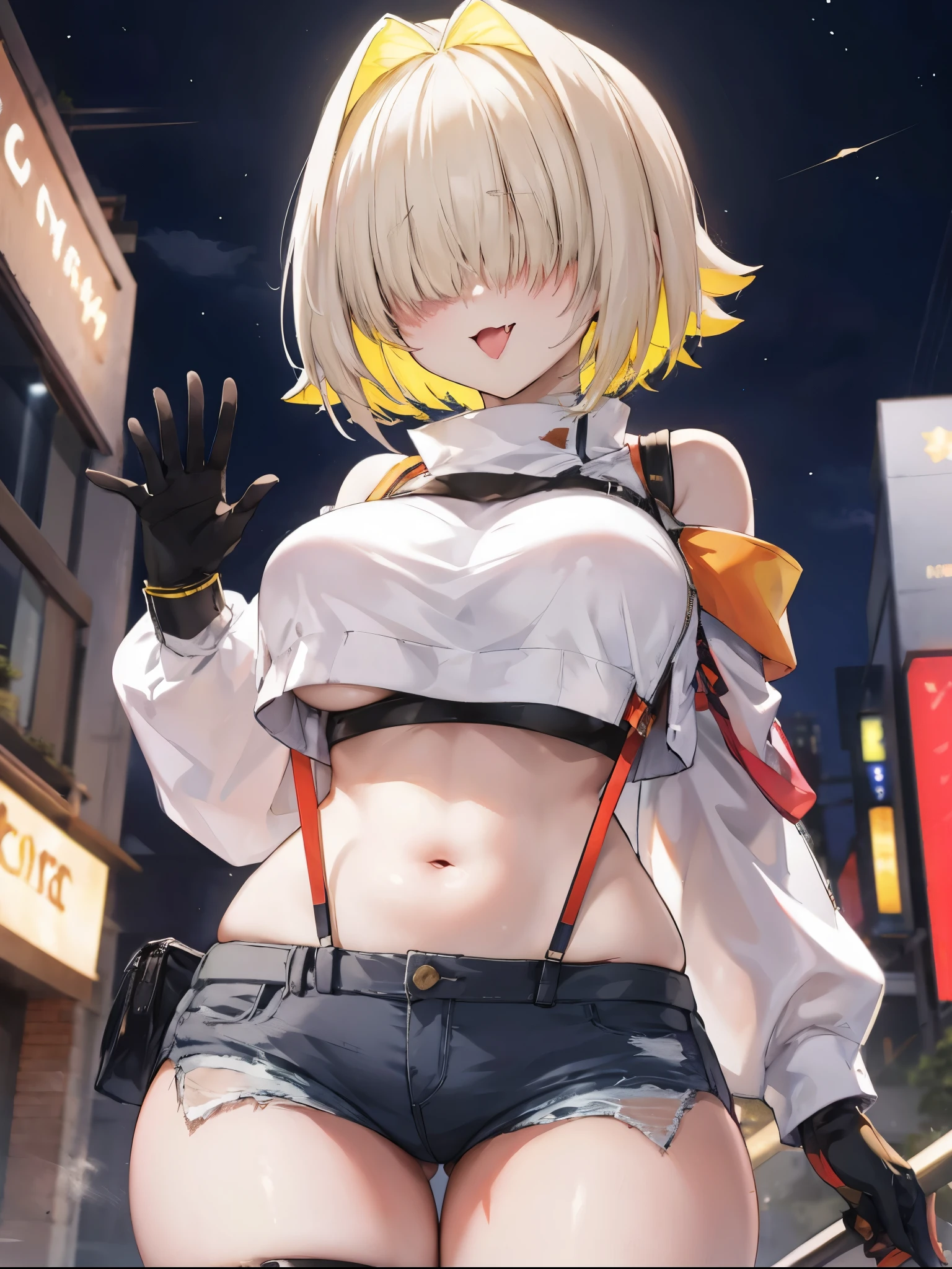 score_9, score_8_up, score_7_up, source_anime BREAK 1girl, solo, elegg, short hair, bangs, hair intakes, multicolored hair, hair over eyes, crop top, bare shoulders, long sleeves, suspenders, midriff, navel, short shorts, thigh strap, multicolored_gloves, large breasts, looking at viewer, thick thighs, (plump:0.5),(plump_lower:0.7), standing, smug, waving,
,future_city_background,night,under_breasts,lighting, (sharp_glance:0.2),nihil_smile,fang, pockets_protruding_from_shorts