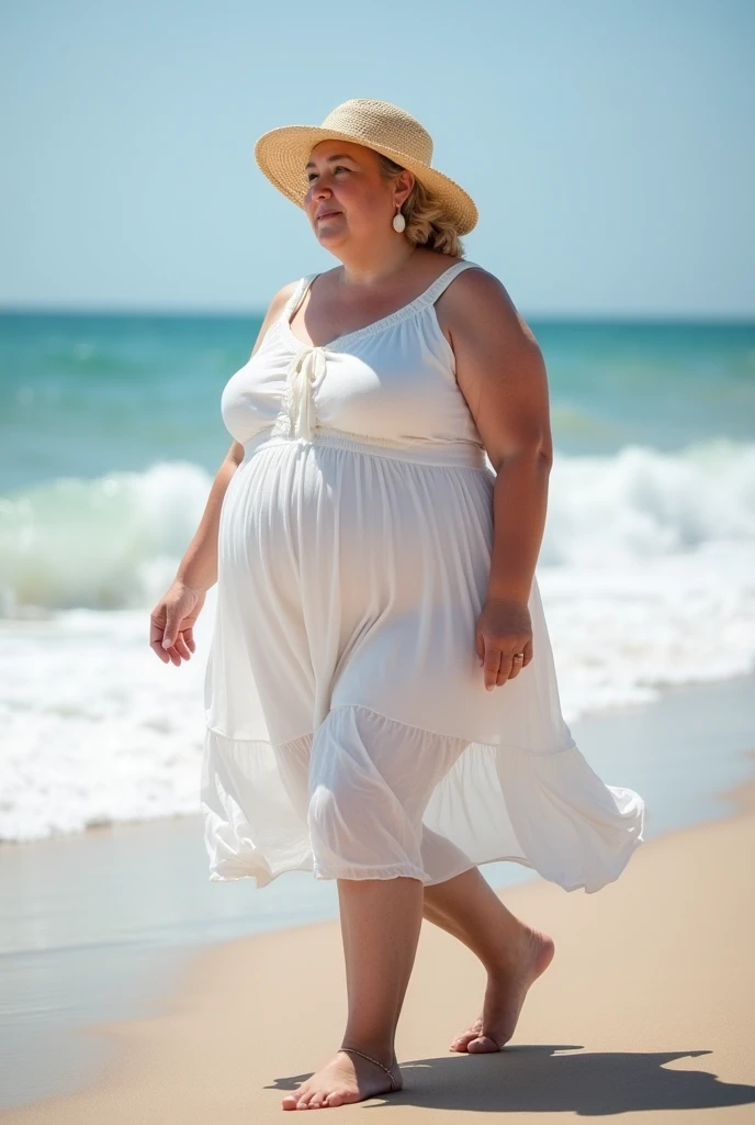 Xyrele, 1girl, solo, 30 years old, (((French face))), (((French nose))), (((French lips))), ((((chubby)))), (((wide hips))), (((blonde hair))), crinkly medium hair, ((Background: Taking photos of the lighthouses)), ((upper body and upper legs)), wearing Flowy Tunic Top