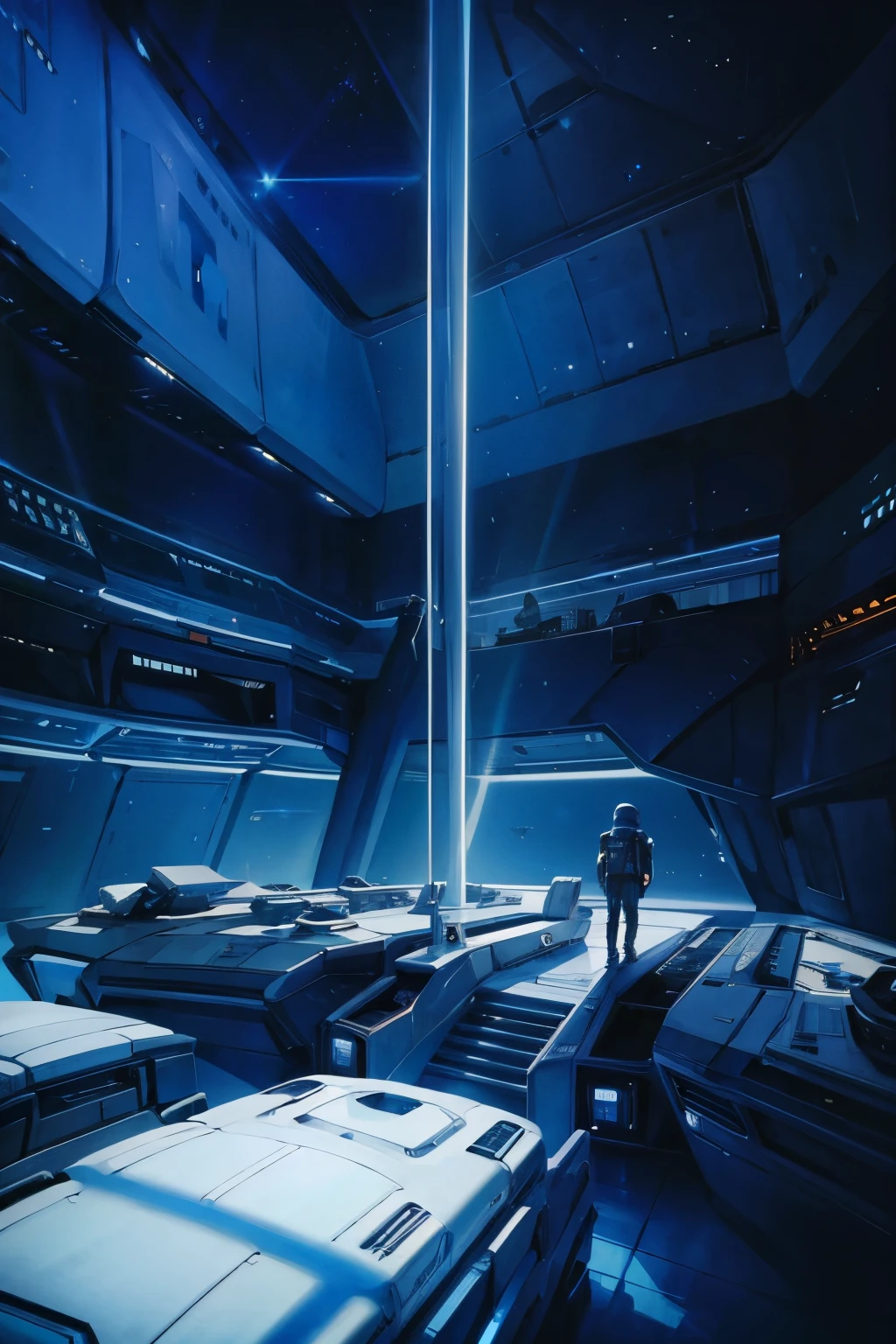 Inside a giant spaceship,Near future,Isome, no people,Large space,window Kara can see outer space,inside a giant spaceship,Star Wars command room,300m2 of space,High ceilings