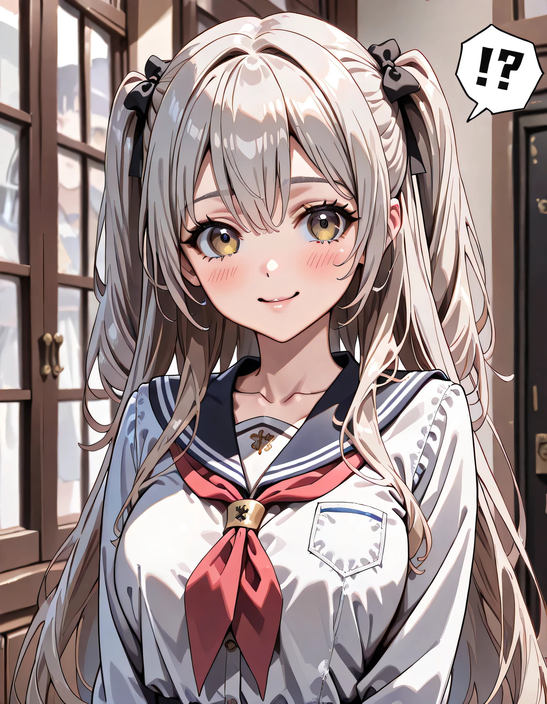 ((ultra-detailed)), (highly detailed CG illustration), (best quality:1.2), ultra-highly detailed, colorful composition, artistic photoshoot, 1girl, solo focus, ((upper body:1.4)), moe anime character, girl, dainty facial structure, (bab(round face), ((rounded chin:1.2)), celia-default, celia claire, (blue eyes), ((silver hair color)), ((two side up hair)), ample breasts, school uniform, sailor suit, traditional Japanese style with navy blue and white colors, :q, licking lips, one eye closed, ((blush:1.4)), ((looking viewer)), ((spoken !?:1.4)), ((blue splash background)), from front, best quality, masterpiece, expecting, pink cheek, blush, light pink gloss slip, portrait, depth of field, soft lighting, sidelighting, (shine), lighting, caustics, ray tracing, smile, perfect face, lustrous skin, highly detailed face, highly detailed eyes, perfect face, perfect nose, perfect hair, perfect eyes, perfect anatomy, beautiful hair, beautiful small face, extremely detailed face, beautiful detailed eyes, beautiful clavicle, beautiful body, beautiful ample breasts, leavage, breasts squeezed together, equalize the size of the left and right breasts, beautiful thin thighs, beautiful legs, beautiful fingers, 4 fingers, 1 thumb, lovely, (very detailed background:1.0), (highly detailed background:1.0), spring aesthetic, intricate details, joyful atmosphere, spring colors palette, chromatic aberration