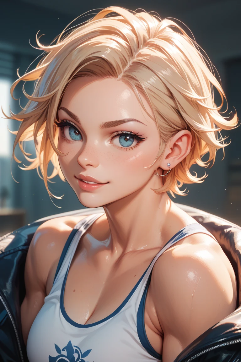 Blonde girl, with short hair, blue eyes