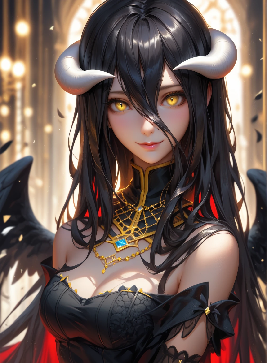 A demonic and seductive looking anime character, with black wings, long dark flowing hair, bright golden eyes, and curved horns like those of a ram. has pale skin, a mischievous smile and a playful and mysterious expression, holding a finger to his lips as if silencing someone. She wears a white dress with intricate detailing and gold accents, along with a blue gem on his chest. The scene is dramatically lit., with soft shadows that enhance her sharp features, as the background fades into darkness, adding an enigmatic and magical touch. The style is a mix of anime fantasy with intricate details, Capturing an intense portrait, close and dynamic