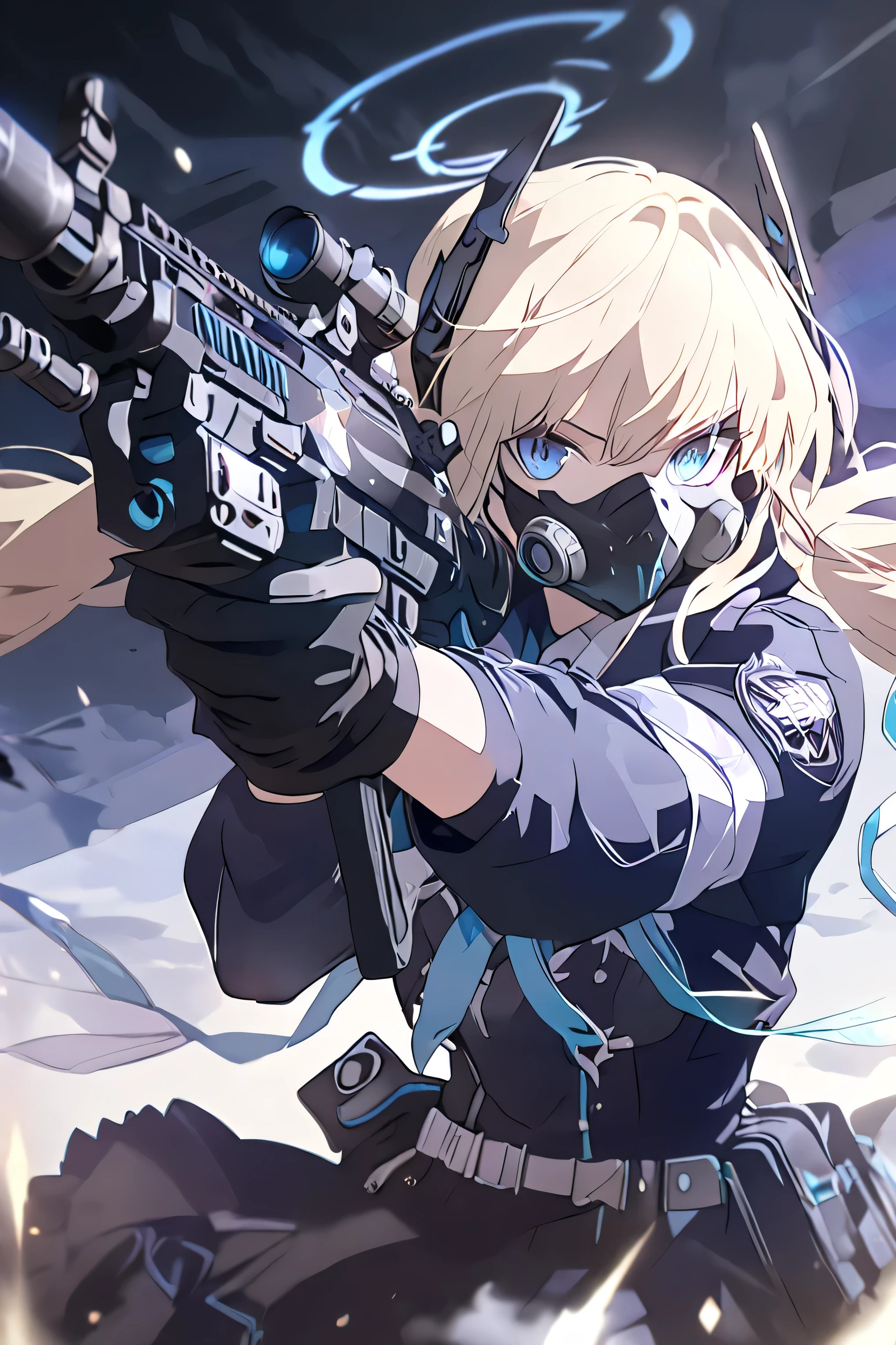 masterpiece, best_quality, ultra_detailed, 1girl, solo, long_hair, looking_at_viewer, blonde_hair, simple_background, gloves, twintails, holding, very_long_hair, standing, weapon, jacket, upper_body, boots, black_gloves, holding_weapon, black_footwear, gun, mask, light_brown_hair, black_background, halo, holding_gun, rifle, cross-laced_footwear, lace-up_boots, blue_archive, knee_pads, trigger_discipline, gas_mask