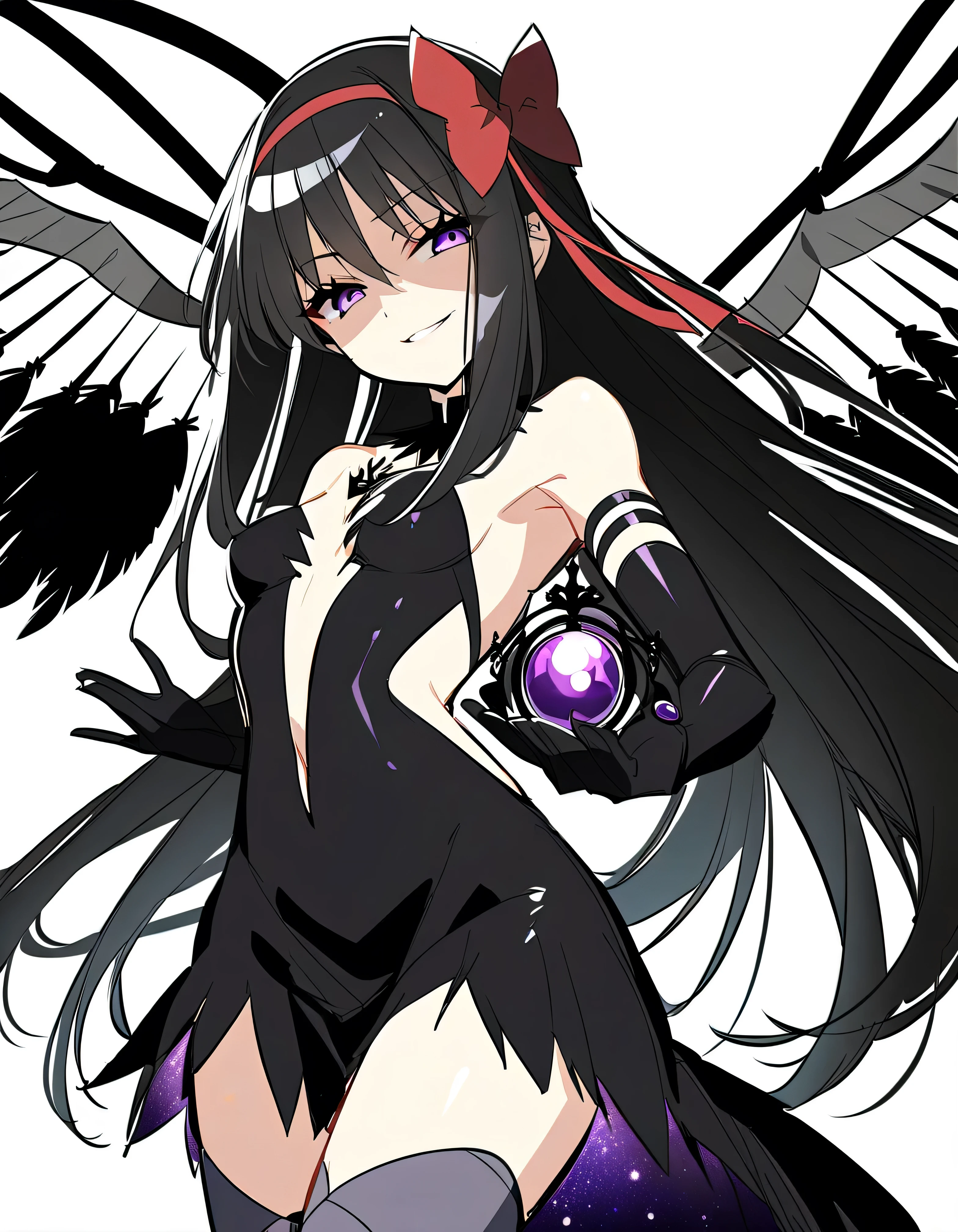 1girl, akuma homura, solo, long hair, wings, gloves, elbow gloves, black hair, smile, purple eyes, thighhighs, black gloves, argyle legwear, argyle, bare shoulders, looking at viewer, dress, soul gem, hair bow, bow, choker, feathered wings, white background, zettai ryouiki, simple background, black wings, masterpiece, best quality, late, evil smile,shaded face(eyes in shadow),shiny latex