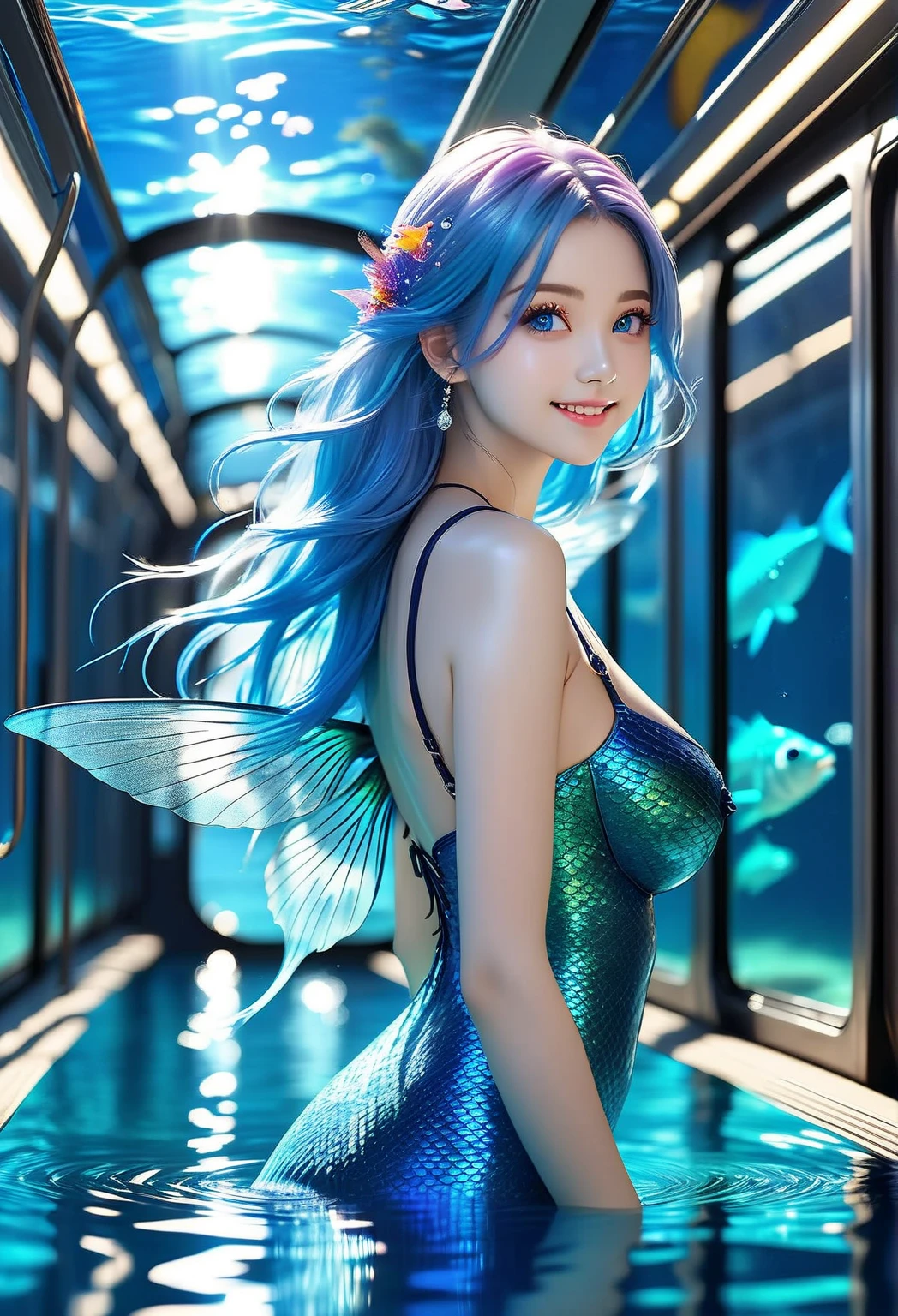 Dive into the depths of imagination with a stunning portrait of a flirting smile sea nymph, adorned with shimmering scales and cascading locks of seaweed hair, highly detailed, high quality