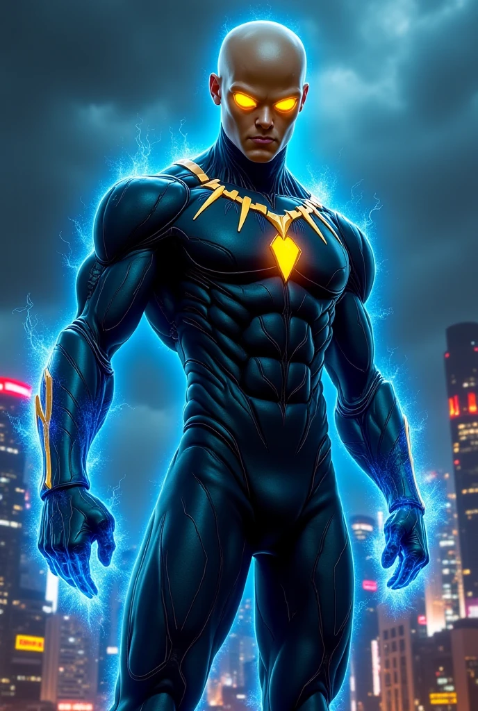 Create a dark blue superhero outfit with yellow details referring to energy absorption