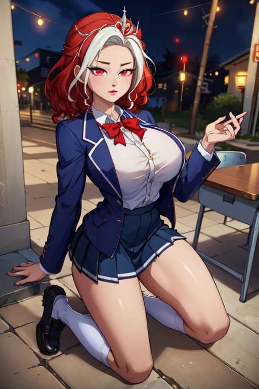 Solo, Sumire Yoshizawa (da persona 5, 1female, pele branca, japonesa, olhos vermelhos, long red hair with bangs and ponytail, small boobs, glasses), anime, ecchi, sitting on a desk, in school, (masterpiece, best quality, 8k, sharp focus, depth of field, best shadows, perfect lights, HDR, realistic skin texture, hyper detailed background)