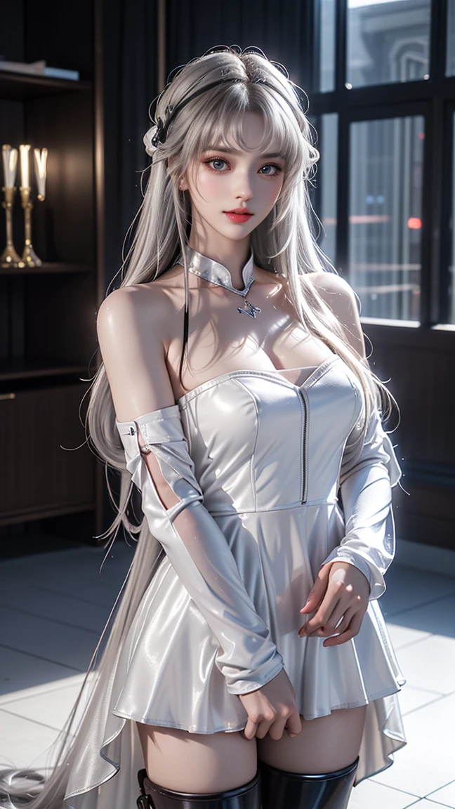 4k, fantasy art, photo realistic, dynamic lighting, artstation, poster, volumetric lighting, very detailed faces, award winning, 1girl, deep shadow, beautiful shot, white dress, long hair ,white hair, beautiful background, whole body capture,
