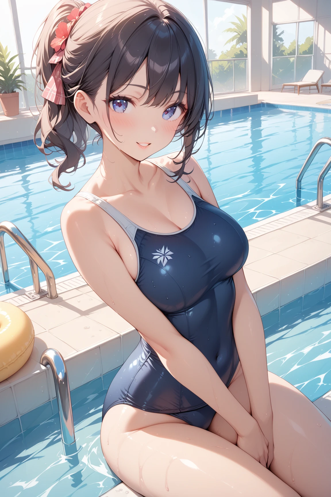 master piece,detailed,(((best quality))),megami magazine ,((big breasts)),girl,(((li))),(((cute))),(((pee))),school swimsuit,blackhair,medium hair,pool