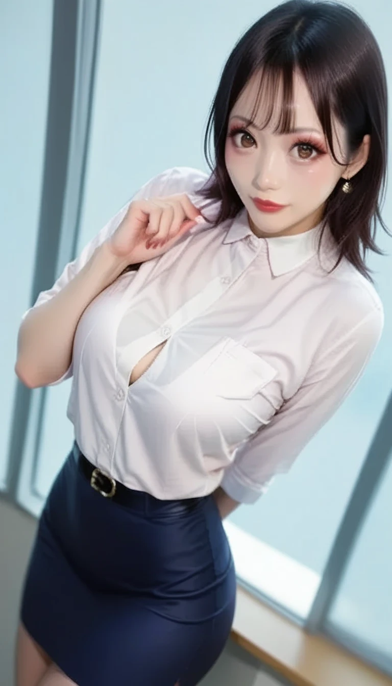 ((Arafe like a Korean idol with a sexy expression like a Japan adult video actress in the 1980s))　((shiny plump lips))　Glamorous and flashy makeup　((Blonde shorthair with bangs))　　((Looking at the camera))　((White button shirt and black enamel tight skirt))　The rooftop of a building with a beautiful night view of Tokyo at night　Low-angle shooting of a person standing facing the front　look down on　a blond
