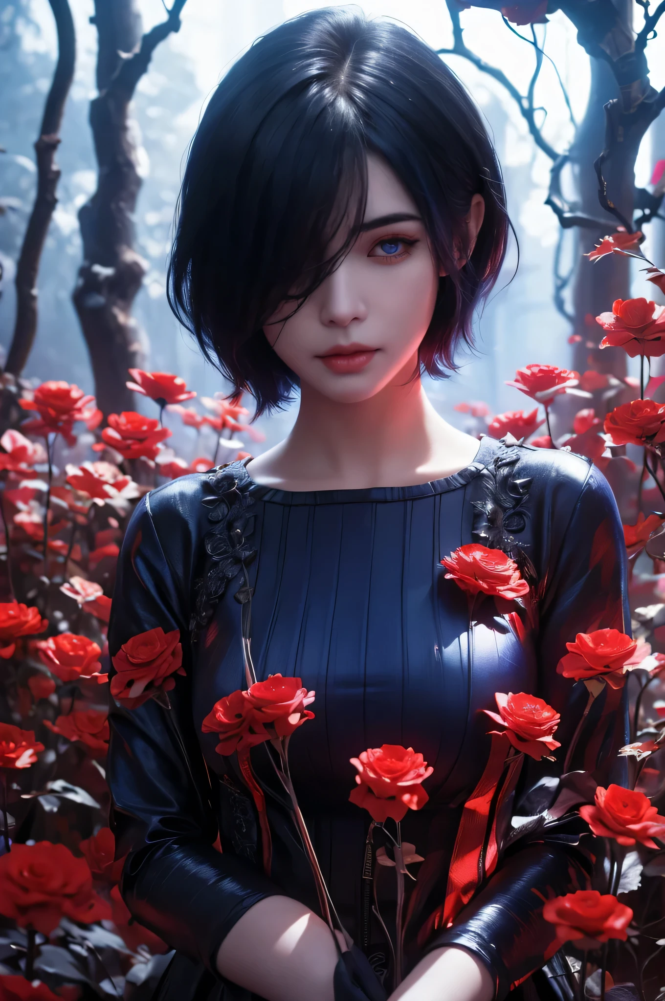 Kirishima Touka , Tokyo ghoul > "Hyper-realistic gothic girl, short dark blue hair covering one eye, deep blue eye, perfect skin , wearing a detailed red and black corset dress with lace and ribbon details, dark fantasy atmosphere, cinematic lighting, ultra HD, intricate details, volumetric lighting, 4K render.",cinematic lighting, soft shadows, volumetric light , perfect smooth skin, delicate facial features, anime-style eyes, slight soft glow
Kirishima Touka from Tokyo hairstyle