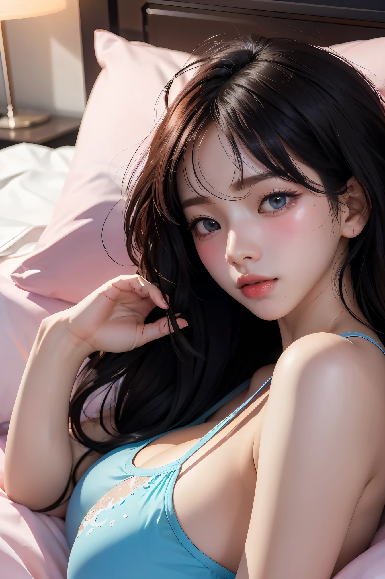 (masterpiece, Highest quality:1.2), (1girl), alone, ((Black medium hair)), (pink pajama), growing light, (blue eyes), (((big breast))), light particles, high detail, glowing light, bloom, textured skin, natural light, (mature), autumn, light particles, ((hair over eyes)), eyes visible through hair, blush, morning , bed, on bed, lying down, waking up, messy hair, pov, side view, (sleepy), morning, open clothes, bare legs