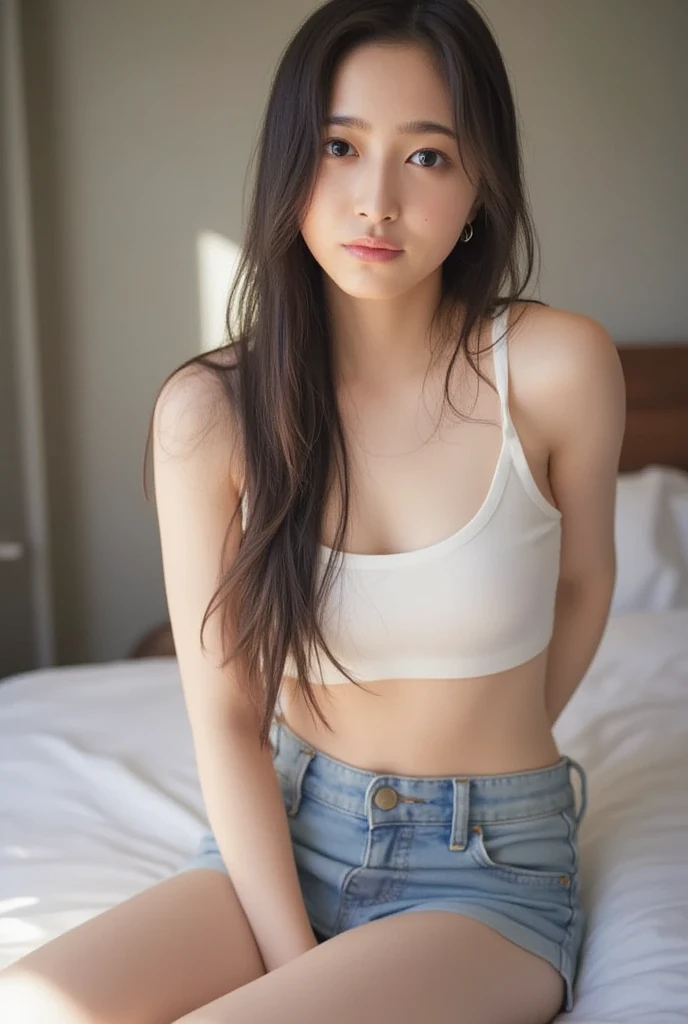 The centerpiece of the image is an 18-year-old girl, with a confident smile. (Son Na-eun's face), ((pony-tail)), and is wearing white bikini that shows off her midriff and navel. Her short hair frames her face, ((brown-colored hair)), (collar bones), (breast gap), the colors are vivid and eye-catching, and the image is high-resolution, (tight shorts), (camel toe), (((tiny busts))), ((wide cleavage gap)), ((wide groin area)), (faint body hair)