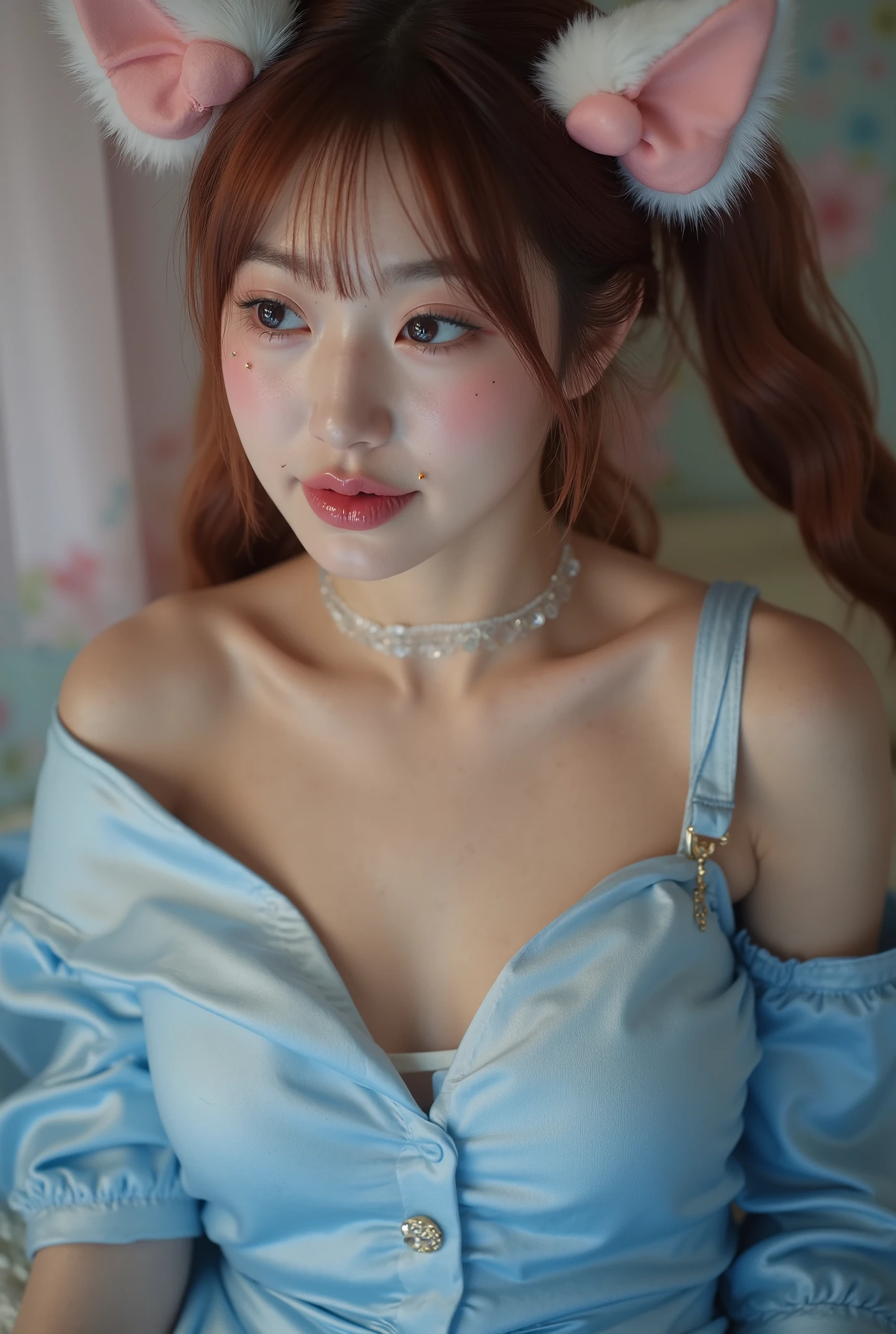 (Masterpiece:1.5), (realistic:1.5), Cinematic Photo of a beautiful Japanese fashion model, (bokeh:1.5), (small breasts), cute face, [wrinkles, dimples],(realistic skin:1.3)∙(detailed skin:1.3)∙(skin texture:1.3)∙(perfect skin:1.3).
leaning back, (looking at viewer), [smirk], portrait , breast focus, (cinematic lighting:1.3), (chromatic aberration), (4K image quality:1.3), (sharp detail:1.3), (highly realistic:1.3), (dim warm cinematic lighting:1.3), (nsfw:1.4),  (dramatic scene:1.2), 8k resolution, high quality image, masterpiece, detailed face, beautiful face, perfect face, handfixer, Expressiveh, soft colours, soft outlines, ar_bd, dynamic pose,
... 
g0th1c, cute, young, petite, kawaii, solo, girl, fair skin, big eyes, (sparkling eyes), freckles, soft pink hair, short hair, bunny ears, fluffy tail, plump cheeks, small lips, slim body, small breast, (the strap falls off, blue robe,) topless, bedroom, bed, cozy atmosphere, medium breasts, taken in 2080, Vintage, 1990s \(style\), soft lighting, film grain, upper body, epiCPhoto, (professional_photoshoot)