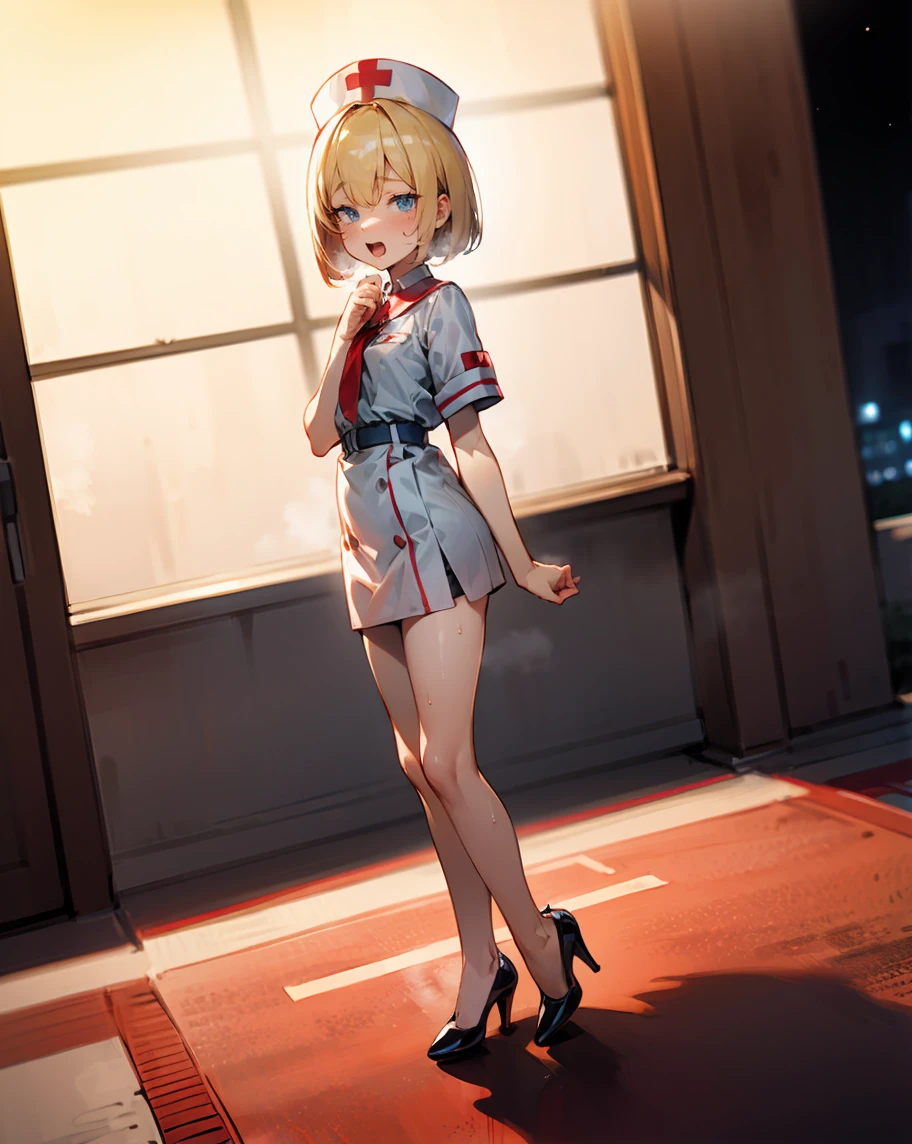 Japanese  man  in a T-Shirt and Shorts Set: Dress Undercut hair style, blond hairs hairs red dress, gaming , smiling face, short dress full straight standing pose, 14yo student, , Full body, modern boy , games boy, Simple white background,,, design sheet, HD, full body, standing, modern futuristic dress, front view