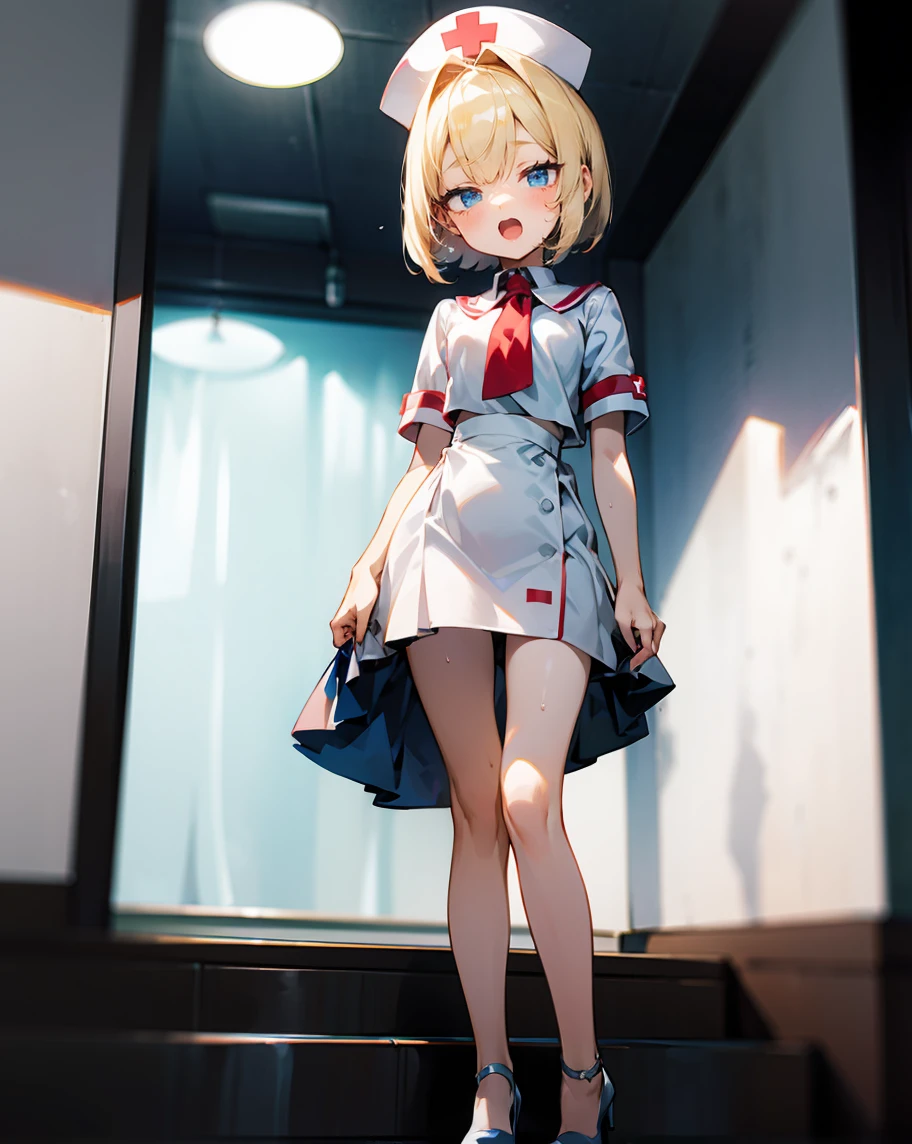 Japanese man, in a T-Shirt and Shorts Set: Dress Undercut hair style, blond hairs hairs red dress, gaming , smiling face, short dress full straight standing pose, 14yo student, , Full body, modern boy, man , games boy, Simple white background,, HD, full body, standing, modern futuristic dress, front view