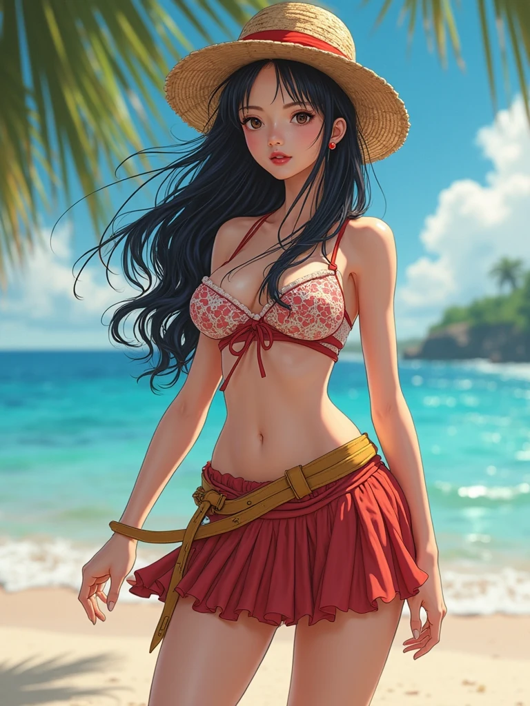 realista, 1 garota, seios grandes, cabelo vermelho, olhos roxos, olhos brilhantes, corte superior, vestido comprido, estilo roupa de praia, fundo praia, com vista para a montanha monte fuji, neckline parted lips, corar, noite, 8k, full hd, cinematographic