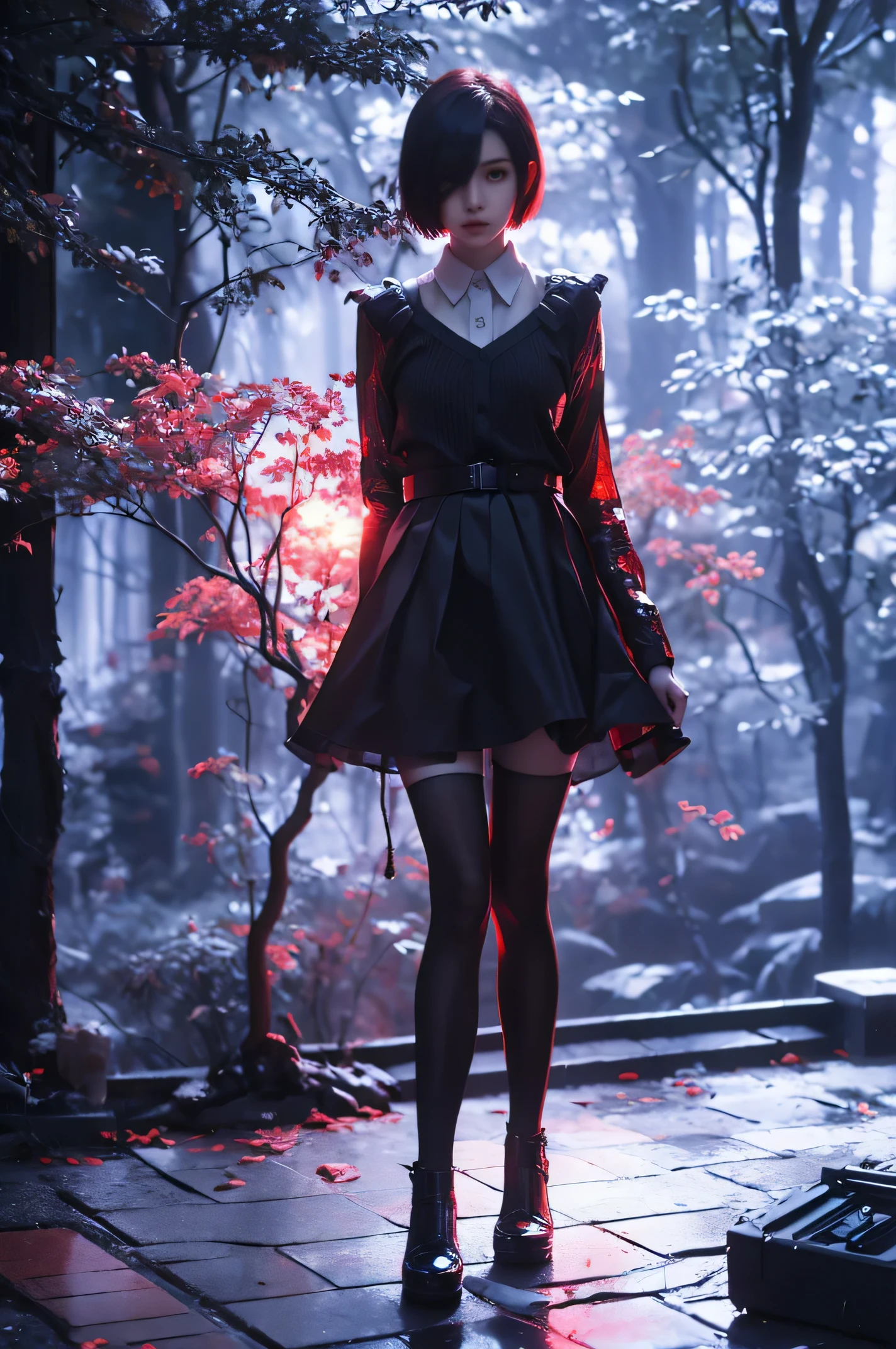 kirishima touka from Tokyo ghoul > "Ultra-realistic anime girl, dark fantasy theme, red eye, short blue-dark hair covering left side of her face , blue-dark eye , black dress, fire-infused dark wings, cinematic lighting, dramatic shadows, high-resolution, photorealistic textures, 8K, masterpiece, volumetric lighting, floating embers."Tokyo Ghoul-inspired, ghoul transformation, kagune aura, demonic energy effect", kirishima touka hair style