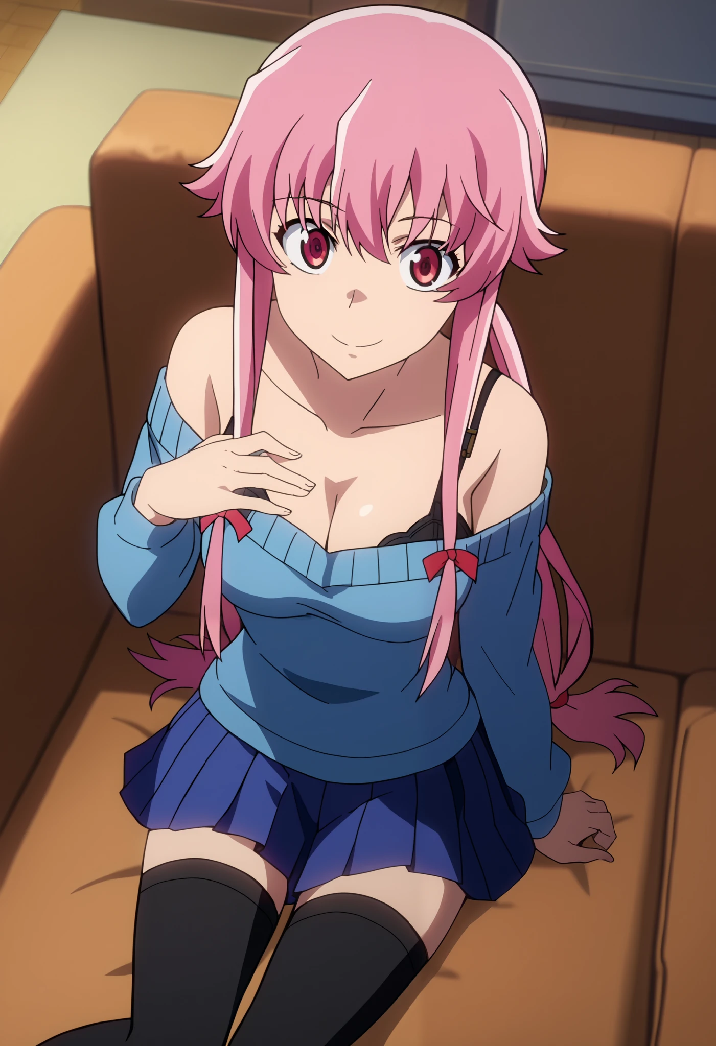 yun_fd, long pink hair, living room, sofa, sitting on sofa, off the shoulder sweater, cleavage, pleated_skirt, black_leggings, one hand on own chest, looking at viewer, sinister_smile, swipe_head tilt, looking at viewer in a don't you trust me expression, (gasai yuno fan art), (masterpiece:1.2), best quality, 4k, illustration, from_above, bra_strap, open_mouth, stockings, source_anime, anime screencap