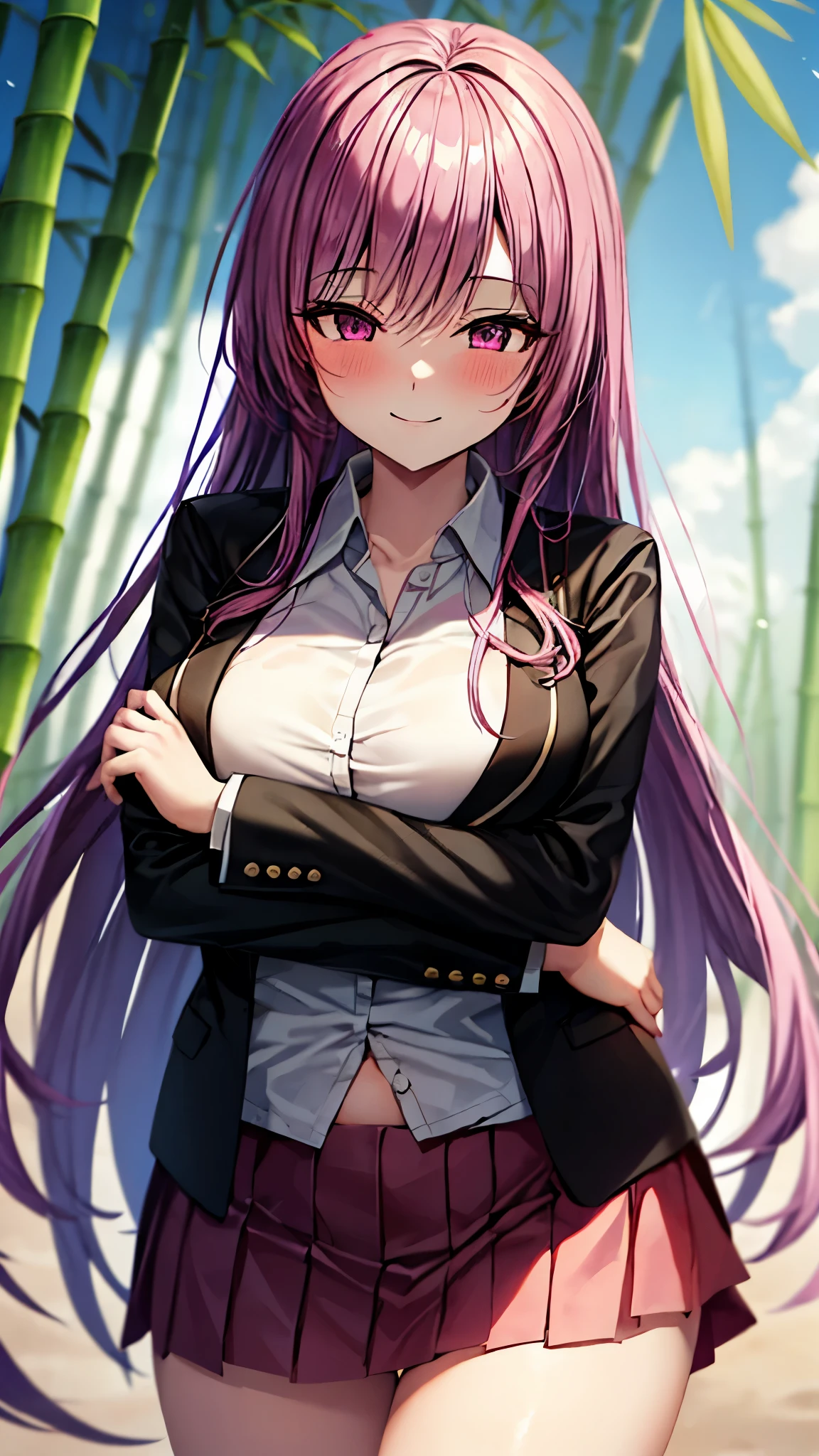 （Ultra High Quality,Ultra High Resolution,16k,super masterpiece,Ultra HD ,detailed shading and background,）One sexy girl, long purple hair,gossiper,white shirt, black blazer ,pink miniskirt,smile,blush,Bamboo Grove of the Rising Sun,