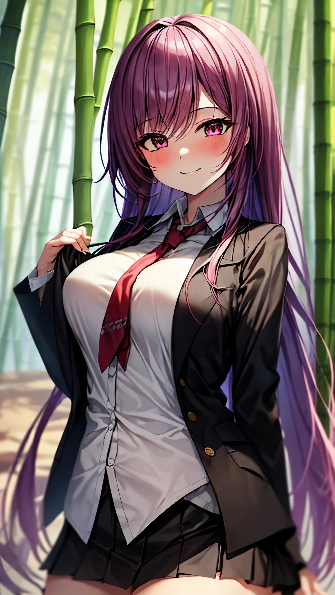 (Ultra High Quality,Ultra High Resolution,16k,super masterpiece,Ultra HD ,detailed shading and background,)One sexy girl, long purple hair,gossiper,white shirt, black blazer ,pink miniskirt,smile,blush,Bamboo Grove of the Rising Sun,