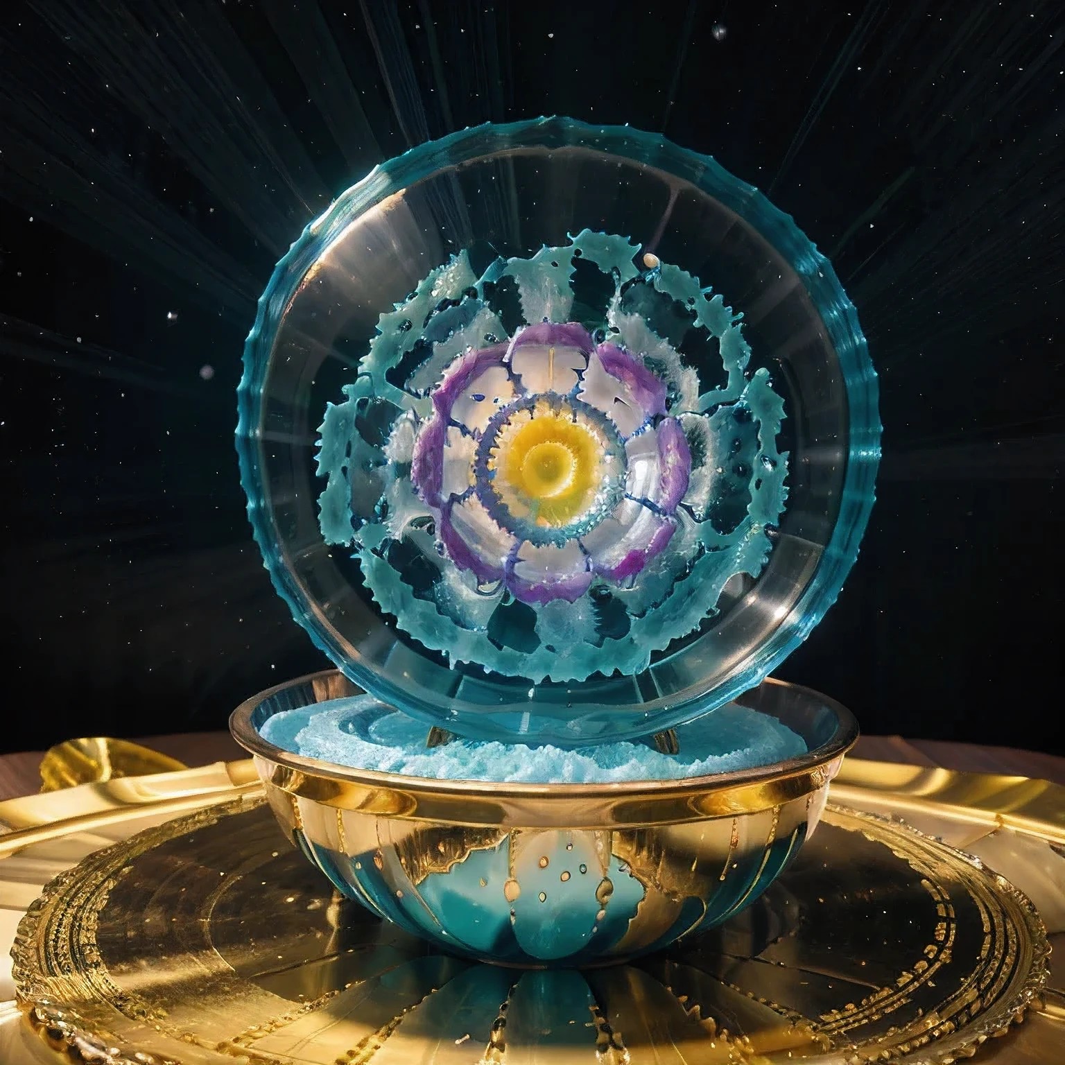 Seabed ice sheet background,detailed armor, ornate headdress, samurai helmet(((Dynamic rotating concentric circles)))(Dynamic rotation of concentric circles)Mandala is the result of the long journey of creating concentric circles of liquid color, there is a glass bowl with a green and purple swirl inside, simulacrum of a space fungus, alien flower, distant nebula are glowing algae, inspired by Otto Piene, inspired by Earnst Haeckel, top down extraterrestial view, covered with ferrofluid. dslr, translucent algae ornate, the eye of the universe, anatomical fractal,which interact through transparency, refraction, reflection, and collision. The ultimate goal is to showcase unique, detailed, and aesthetically pleasing images that capture the audience's attention through their initial visual impact and stunning details in liquid interactions,there is a cake with a red and yellow center on a blue plate, inspired by Otto Piene, victor antonov, culinary art photography, inspired by Graham Sutherland, colorful ferrofluid armor, inspired by Anish Kapoor, alexandra fomina, david kassan, by Jan Rustem, rudolf is hired, sergey krasovskiy, kai vermehr