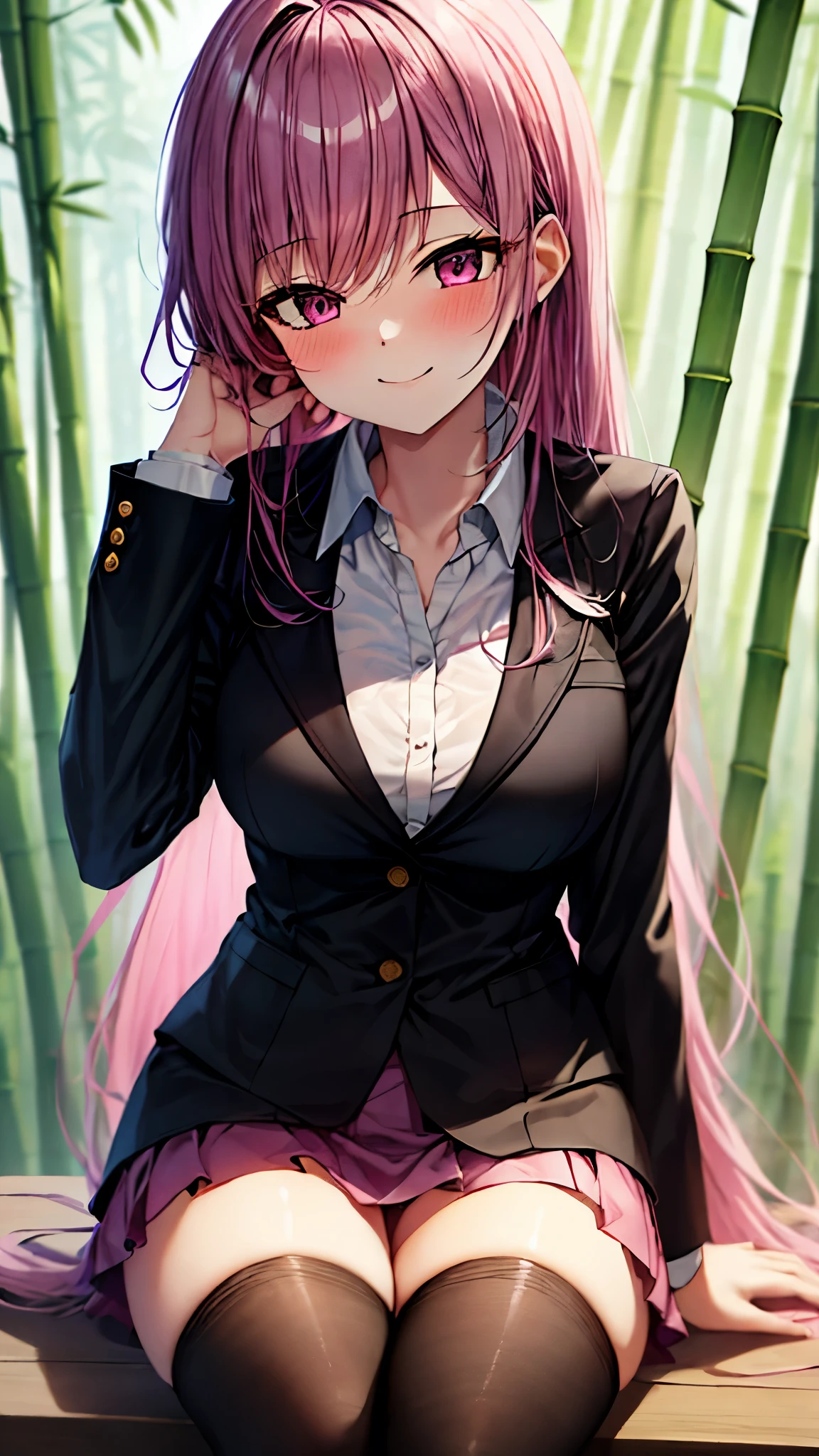 (Ultra High Quality,Ultra High Resolution,16k,super masterpiece,Ultra HD ,detailed shading and background,)One sexy girl, long purple hair,gossiper,white shirt, black blazer ,pink miniskirt,smile,blush,Bamboo Grove of the Rising Sun,