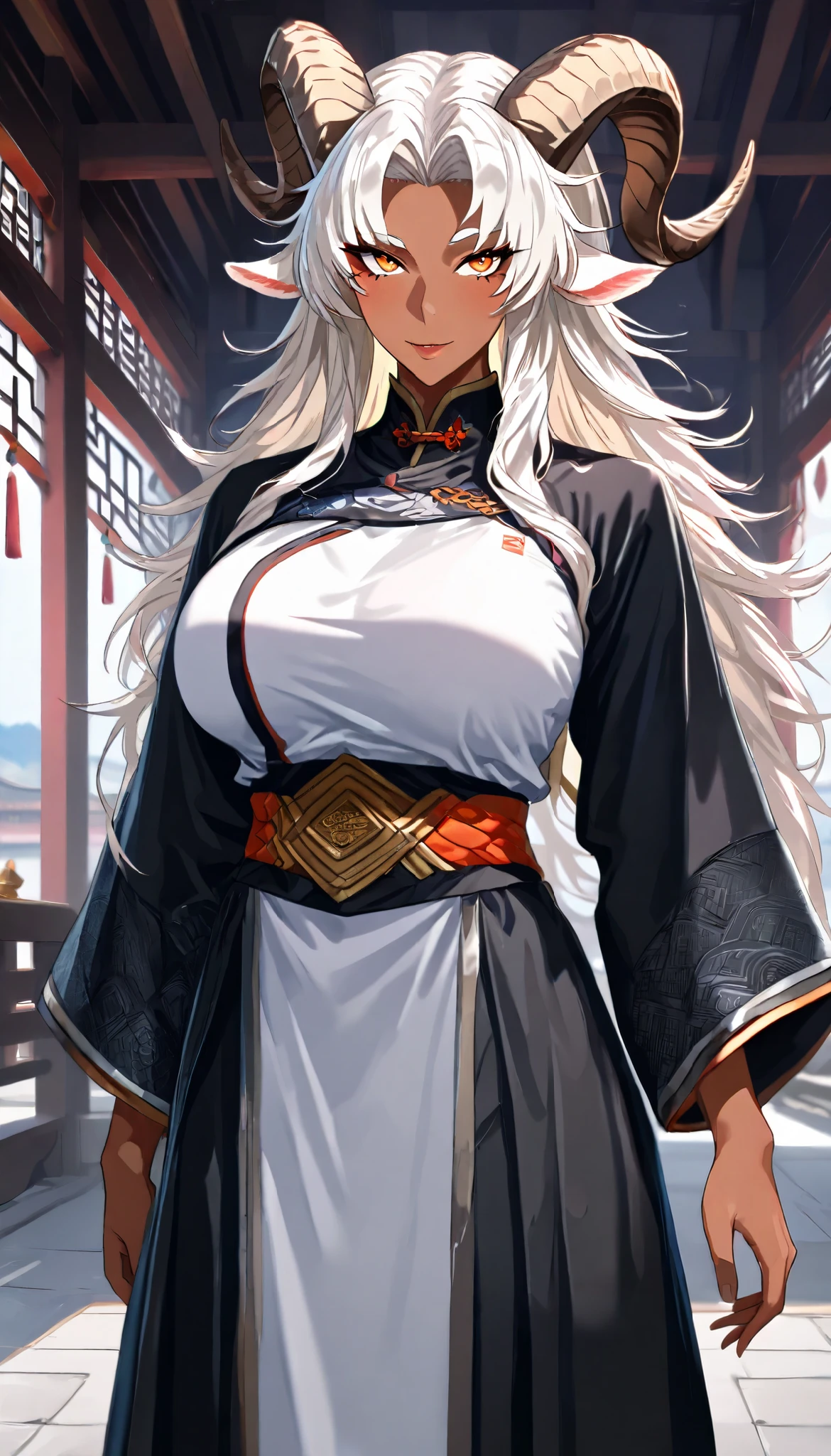 A Goat Female, Mature flavor, Goat Ears, Dark skin, Perfect body, Oppai,A pair of Goat horns(brown), (White long hair, curtained hair, messy hair),orange eyes, Wearing A Black and Grey Taoist Robe, Open pose,seductive smile, In A Chinese Classic Temple, UHD, SOLO, anatomically correct, masterpiece, textured skin, high details, highres, 1080P, 16k, accurate,Beautiful face, Perfect face, Highly detailed beautiful face and eyes, Attractive face, Detailed face, Delicate facial features, Detailed skin,Cowboy shot
