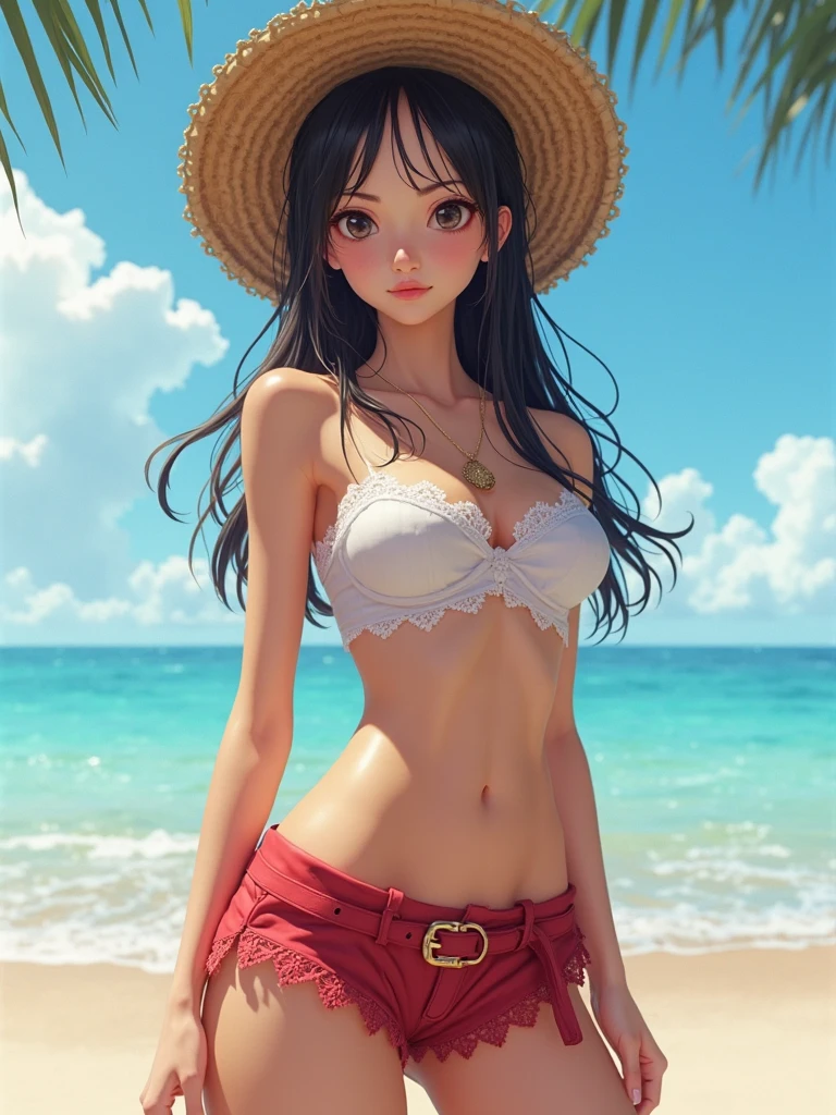 (best quality, masterpiece), 1girl, (dark skin:1.2), curly hair, wavy hair, bikini, ocean, in water, wet, wide brim, happy