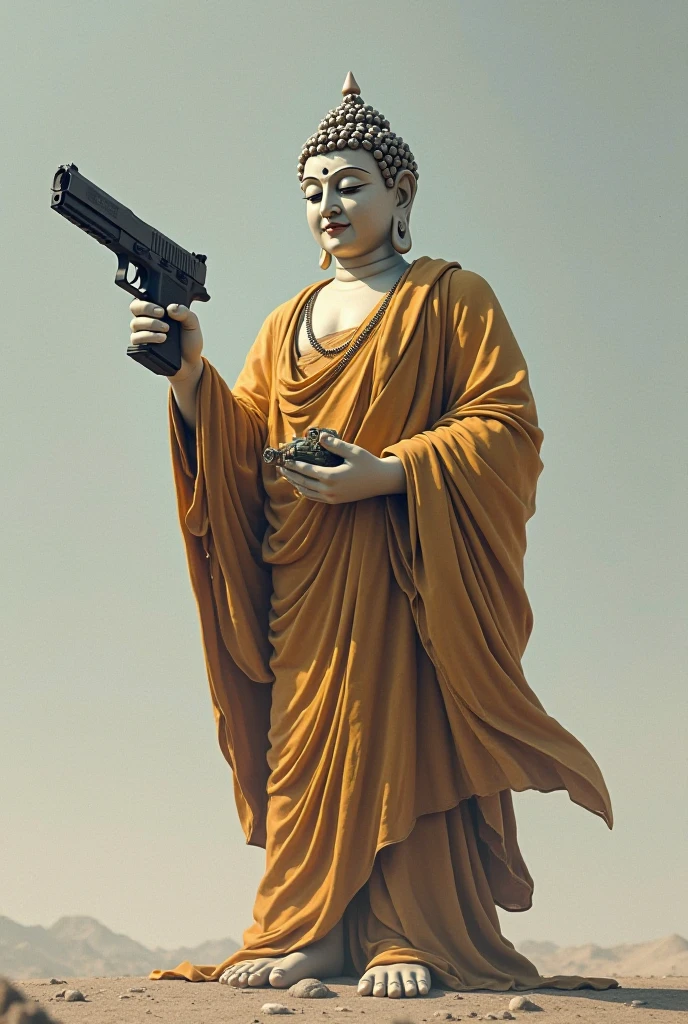 The Buddha holds a gun and does not preach to those who do wrong