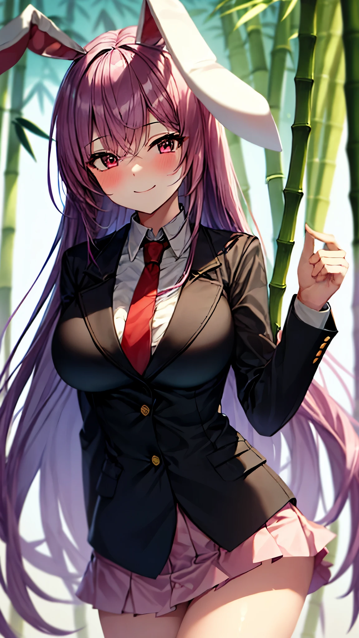 (Ultra High Quality,Ultra High Resolution,16k,super masterpiece,Ultra HD ,detailed shading and background,)One sexy girl, long purple hair,Rabbit Ears,white shirt, black blazer ,pink miniskirt,smile,blush,Bamboo Grove of the Rising Sun,