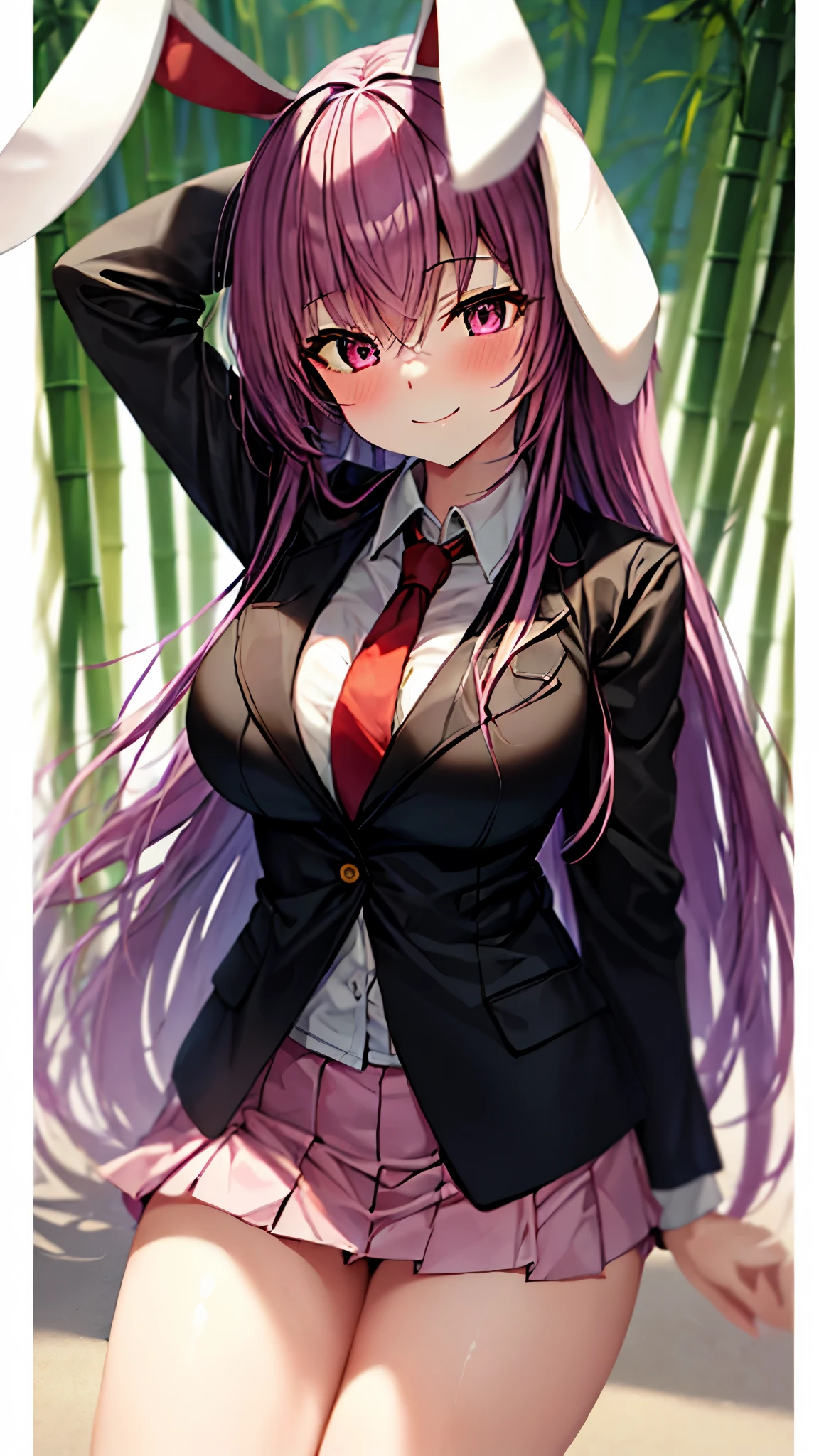 (Ultra High Quality,Ultra High Resolution,16k,super masterpiece,Ultra HD ,detailed shading and background,)One sexy girl, long purple hair,Rabbit Ears,white shirt, black blazer ,pink miniskirt,smile,blush,Bamboo Grove of the Rising Sun,