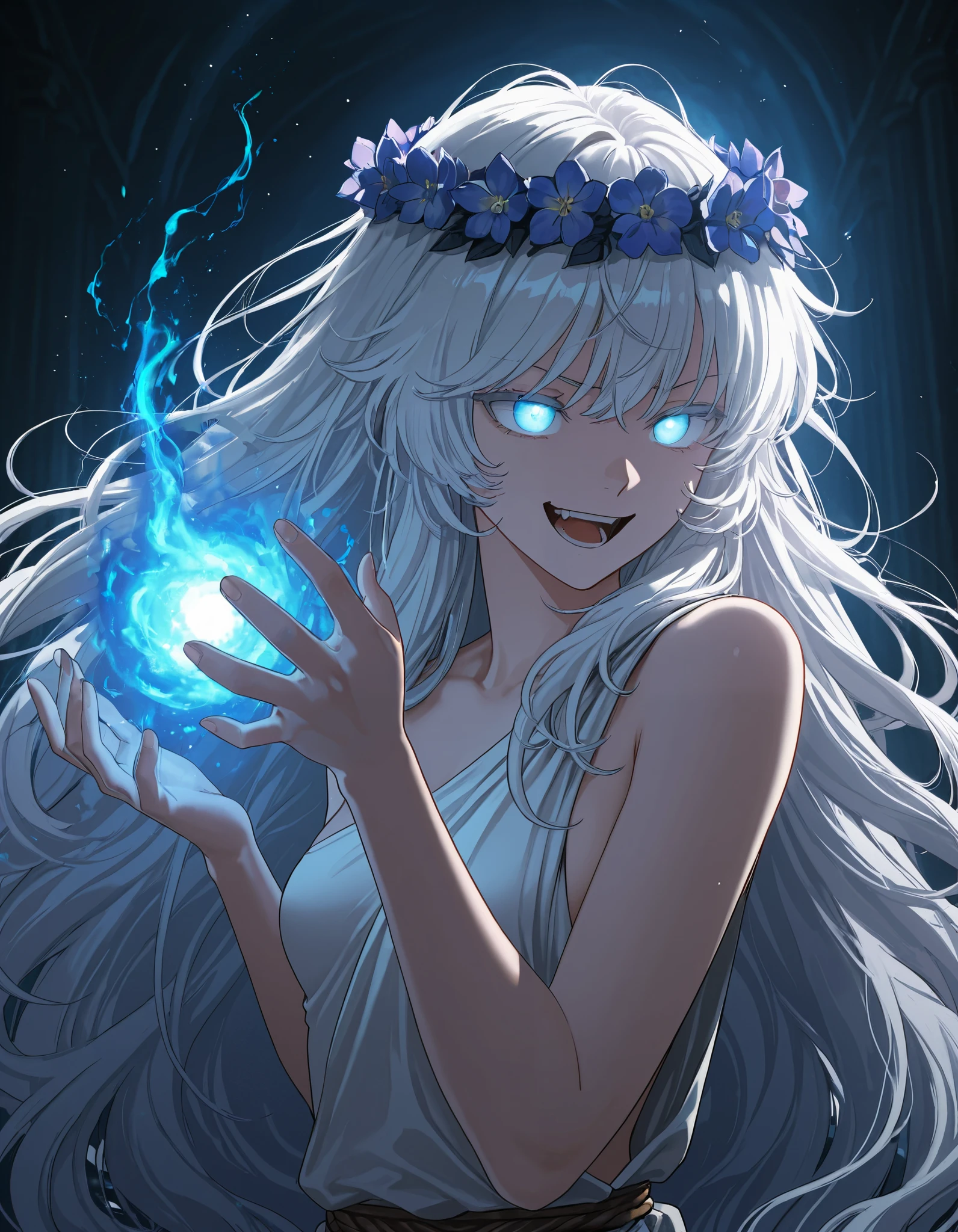 (from the side, fram an angle, upper body shot, solo:1.1), glowing aura, glowing body, photorealistic background and lighting, 4k, ultra detailed, extremely detailed, detailed background, webtoon, cinematic shot, dramatic shot, Anime illustration, detailed anime artstyle, cinematic, volumetric lighting, aurora warm light, colorful, light reflection, (dynamic pose, 1girl:1.18), happy expression, cocky, open mouth, cute, romantic, lovely, black and blue eyes, glowing eyes, cute expression, casting cosmic magic using her hands, battle stance, chuuni pose, white hair, very long hair, fluffy hair, messy hair, small breasts, deity, mana sphere, black magic, peplos, flower crown, astral cosmic architecture, toga, greco-roman clothes, ancient greek clothes, glowing eyes, glowing eyes, laughing, giggling, glaring at viewer, sadistic smirk, narrow eyes, (flowing void magic and energy and aura:1.33)