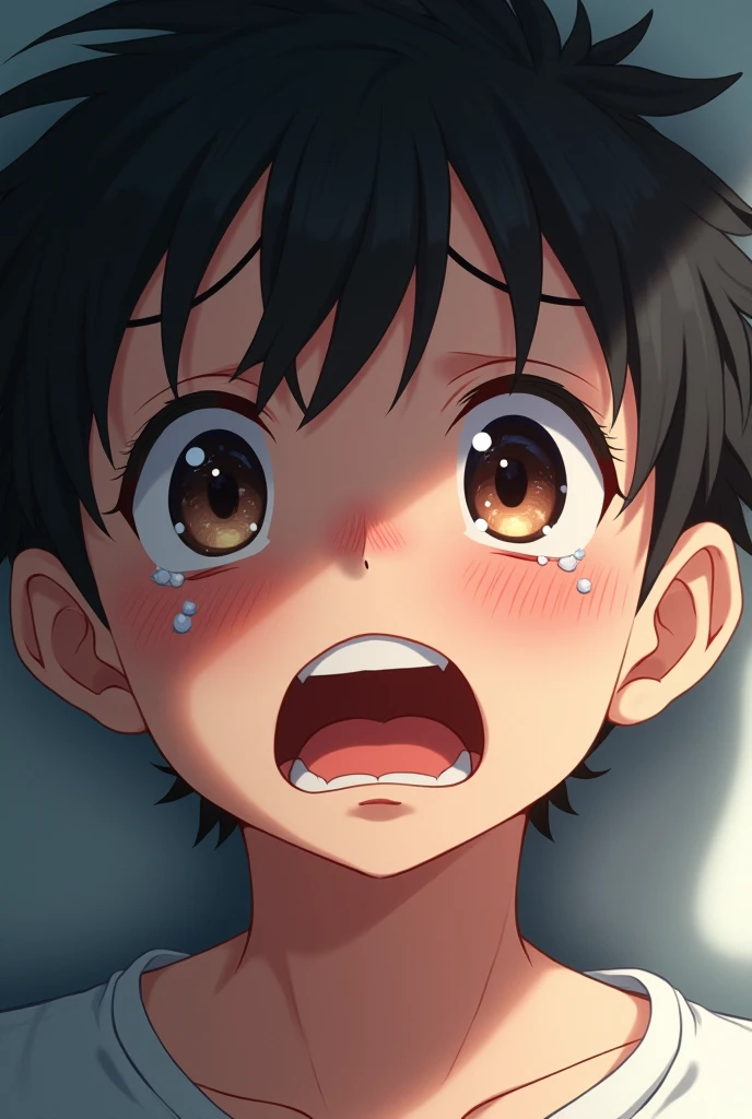 Huge muscles,Crying face,Lots of drool and sweat,Harness,Young face,teenager face,Huge penis