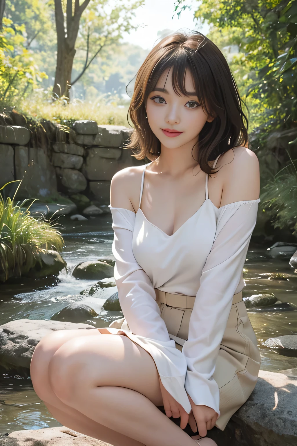 (8K, top-quality, masterpiece:1.2), (reallistic, Photorealsitic:1.2), Phenomenally cute lady, 24 years old, sitting on, (((Panties that dug into the crotch))), (((Spread legs wide))), solo, watching at viewers, tiny chest, Fine and beautiful eyes, (Dark blonde hair), (short-hair:1.1), skirt, blurry backround, white shirt, life-like, length hair, s lips, Brown-eyed, head rest, plein air, masterpiece, top-quality, ultra-detailliert, Inviting eyes、nsfw, (nipples peek, 1.1), arms up