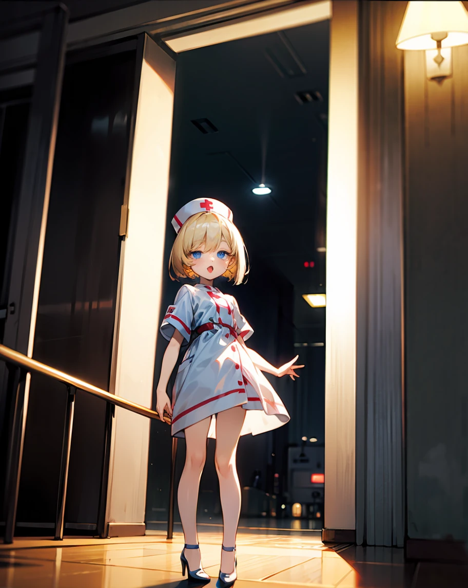 cute Japanese girl in a gaming dress , Messy Bun hair style, blond hairs hairs,, blue dress, gaming , smiling face, short dress full straight standing pose, 14yo student, , Full body, modern girl, games girl, Simple white background,,, design sheet, HD, full body, standing, modern futuristic dress, front view